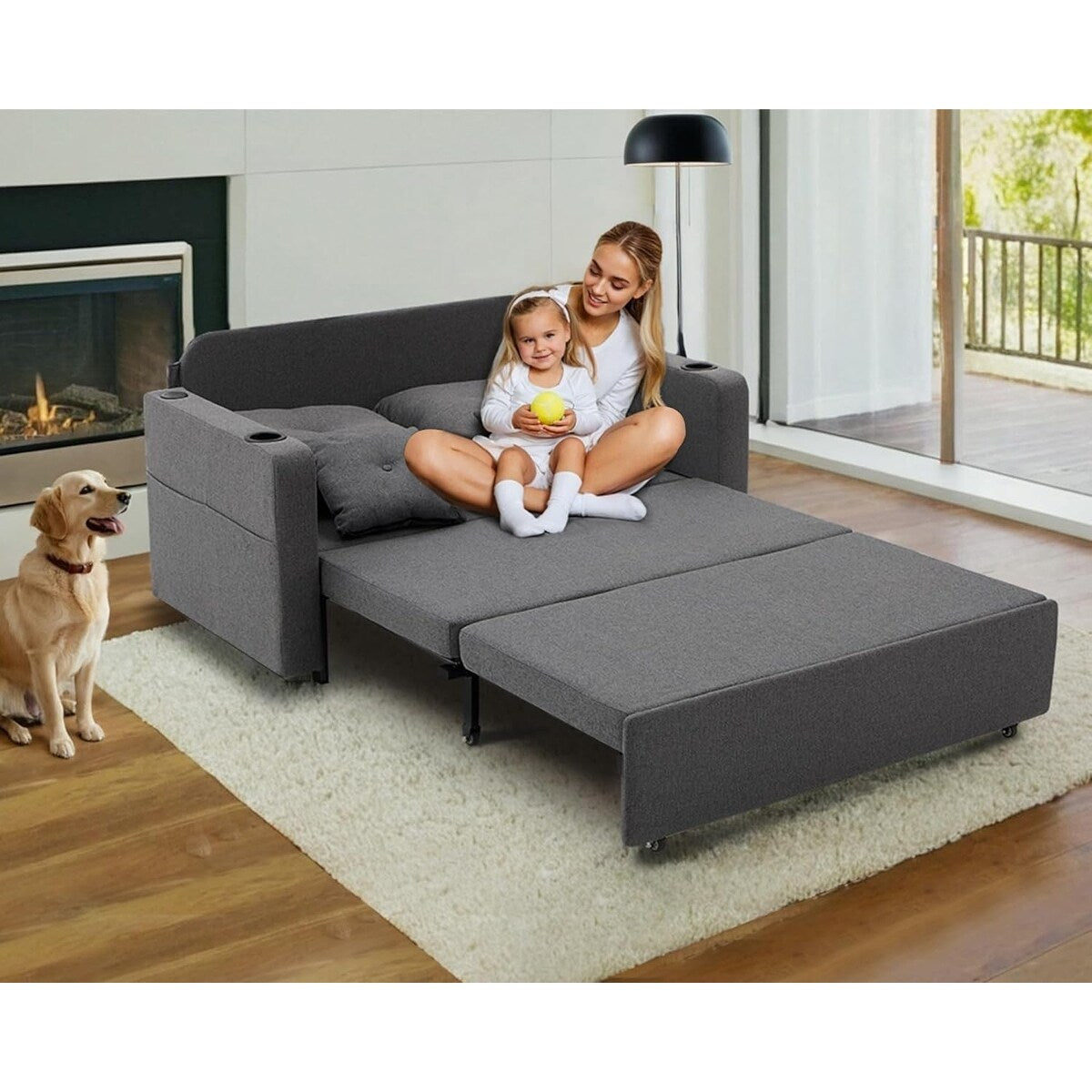 Canapé-lit convertible 3 en 1 de 56 pouces - Canapé-lit gigogne avec porte-gobelets et ports USB, canapé gris foncé pour le salon
