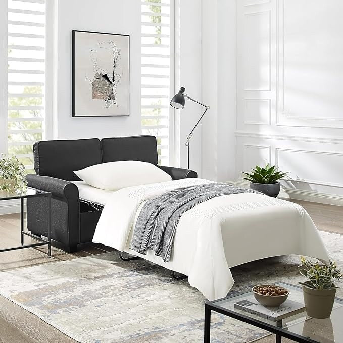 Canapé causeuse en lin 57,1 pouces avec accoudoirs roulés, matelas en mousse à mémoire de forme et pieds en plastique pour le salon