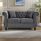 Canapé Chesterfield 2 places en velours 58,8 avec accoudoirs roulés, garniture cloutée et 2 coussins