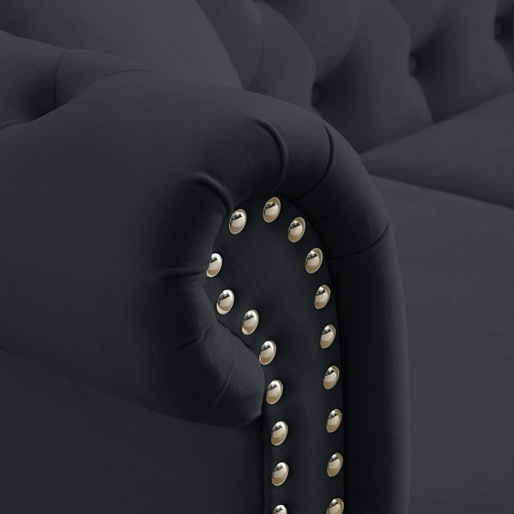 Canapé Chesterfield 2 places en velours 58,8 avec accoudoirs roulés, garniture cloutée et 2 coussins