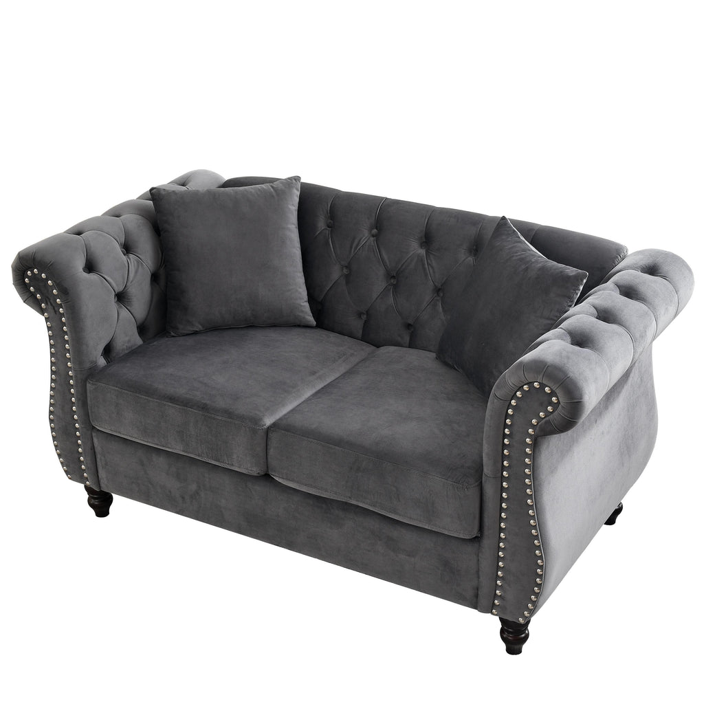 Canapé Chesterfield 2 places en velours 58,8 avec accoudoirs roulés, garniture cloutée et 2 coussins