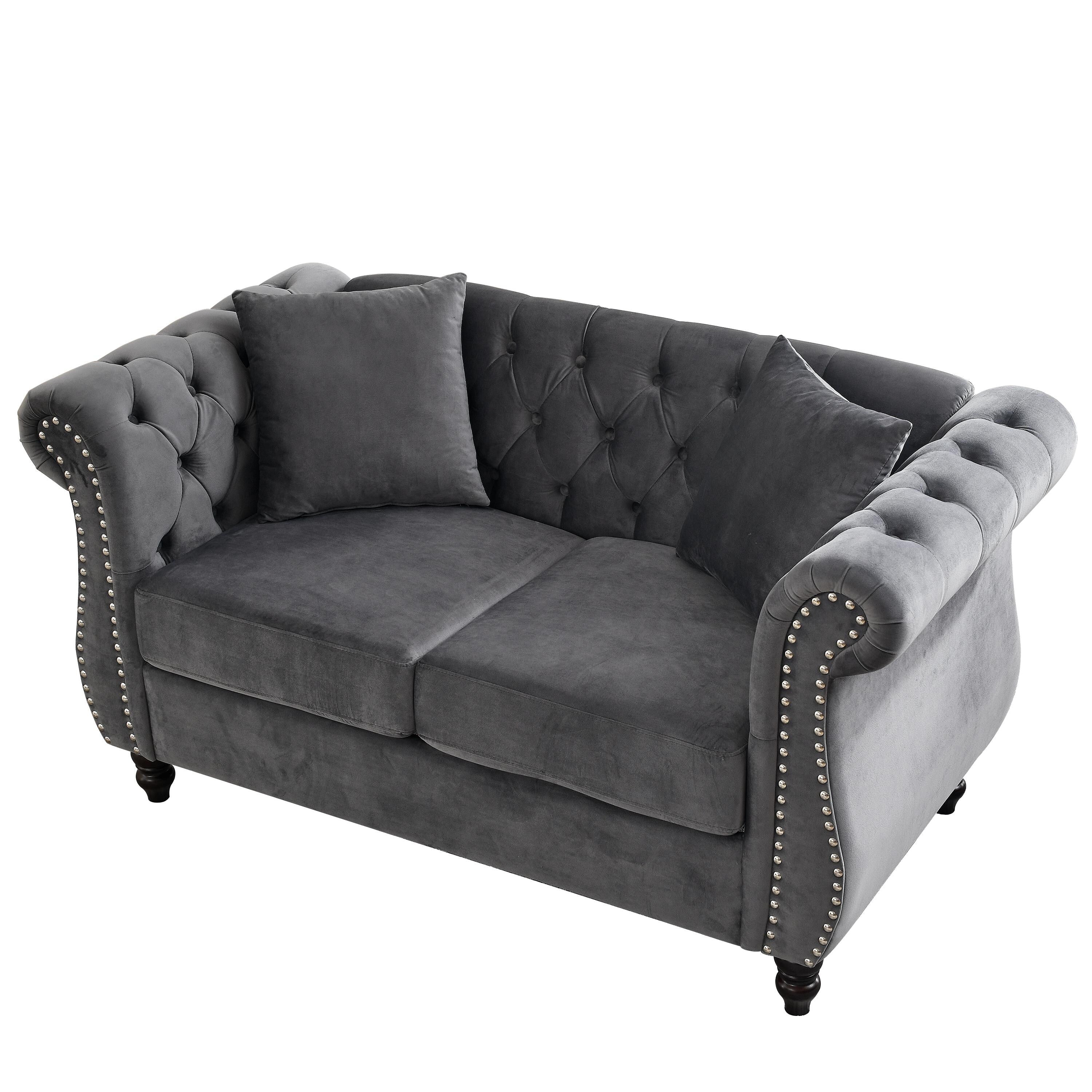 Canapé Chesterfield 2 places en velours 58,8 avec accoudoirs roulés, garniture cloutée et 2 coussins
