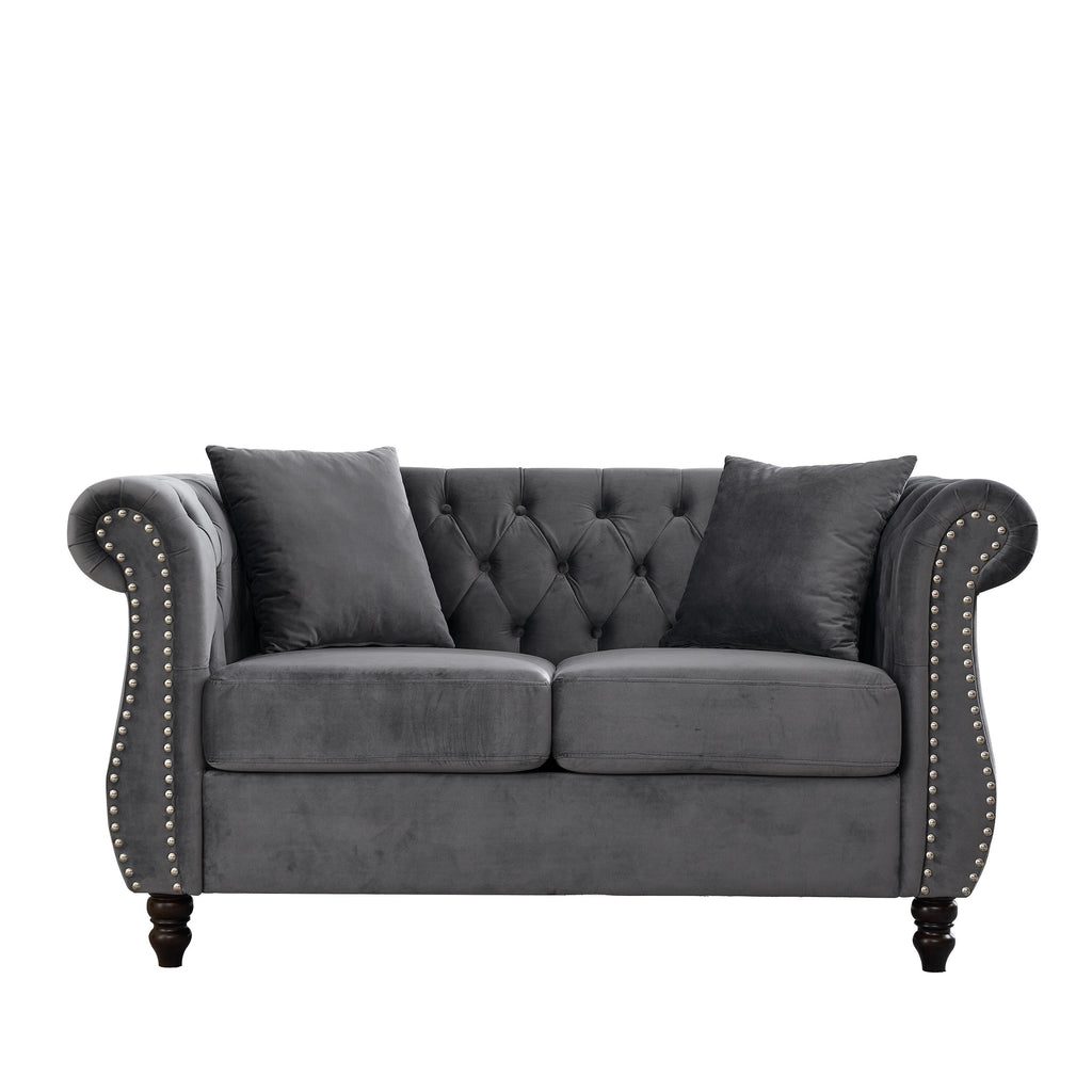 Canapé Chesterfield 2 places en velours 58,8 avec accoudoirs roulés, garniture cloutée et 2 coussins