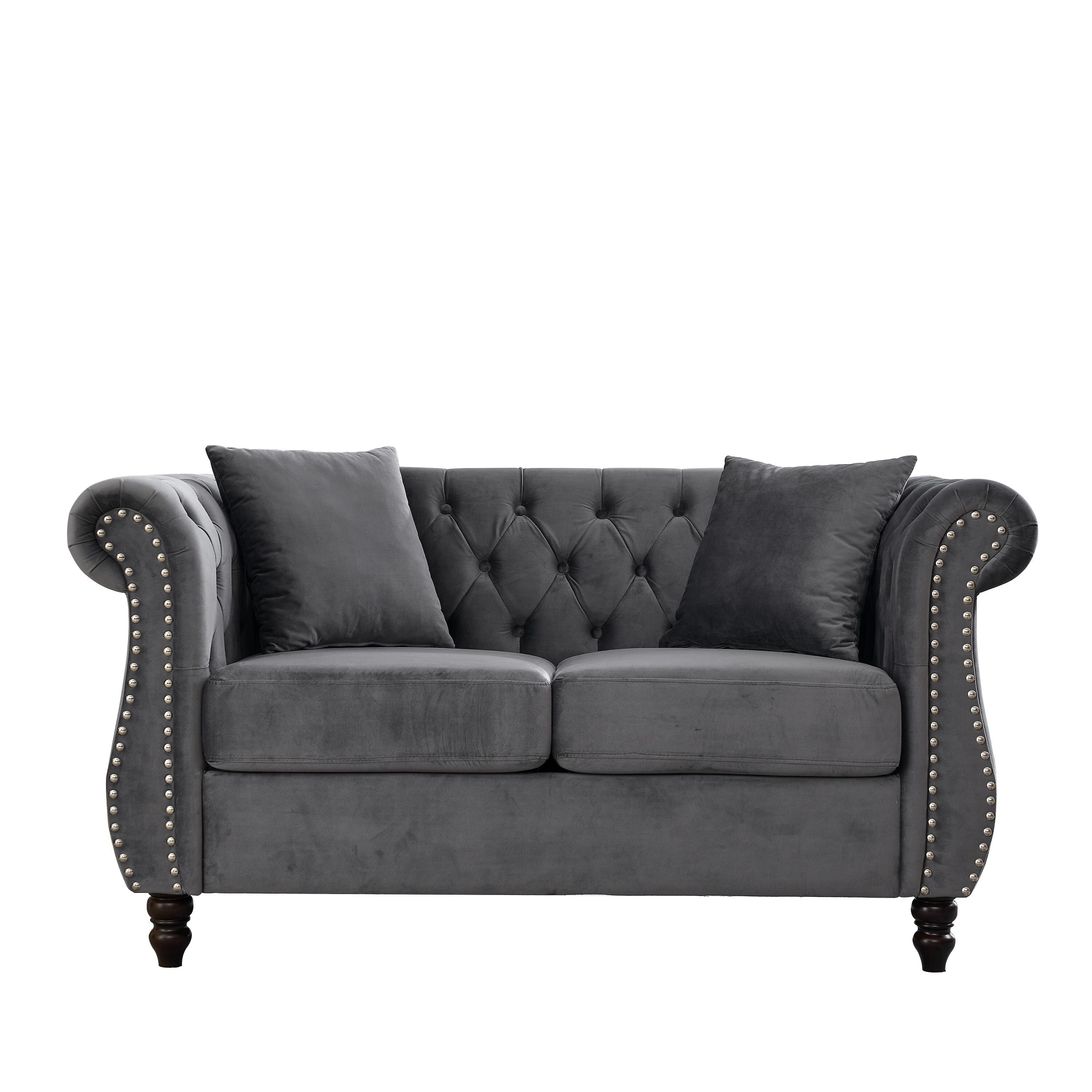 Canapé Chesterfield 2 places en velours 58,8 avec accoudoirs roulés, garniture cloutée et 2 coussins