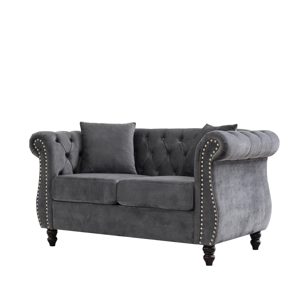 Canapé Chesterfield 2 places en velours 58,8 avec accoudoirs roulés, garniture cloutée et 2 coussins