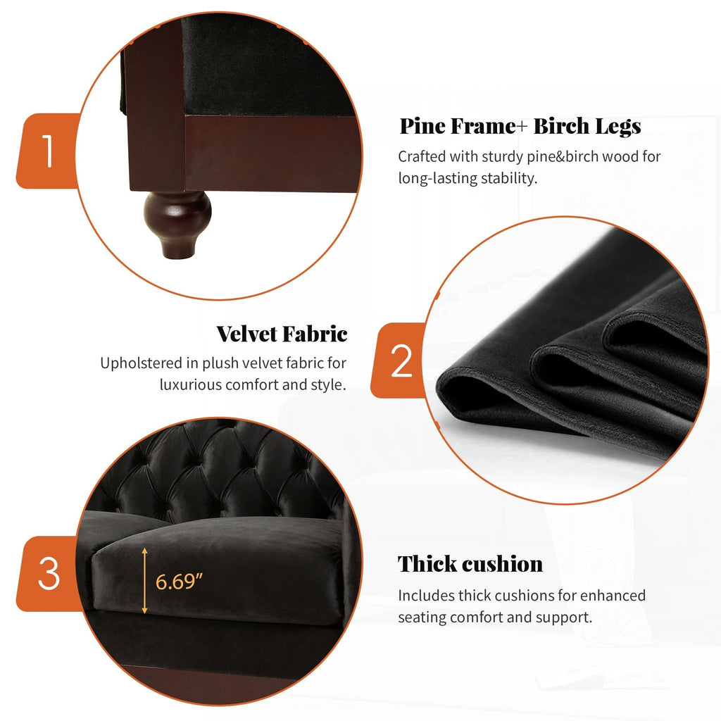 Canapé Chesterfield en velours 59,44 po avec accoudoirs roulés, dossier capitonné et capacité de charge de 600 lb