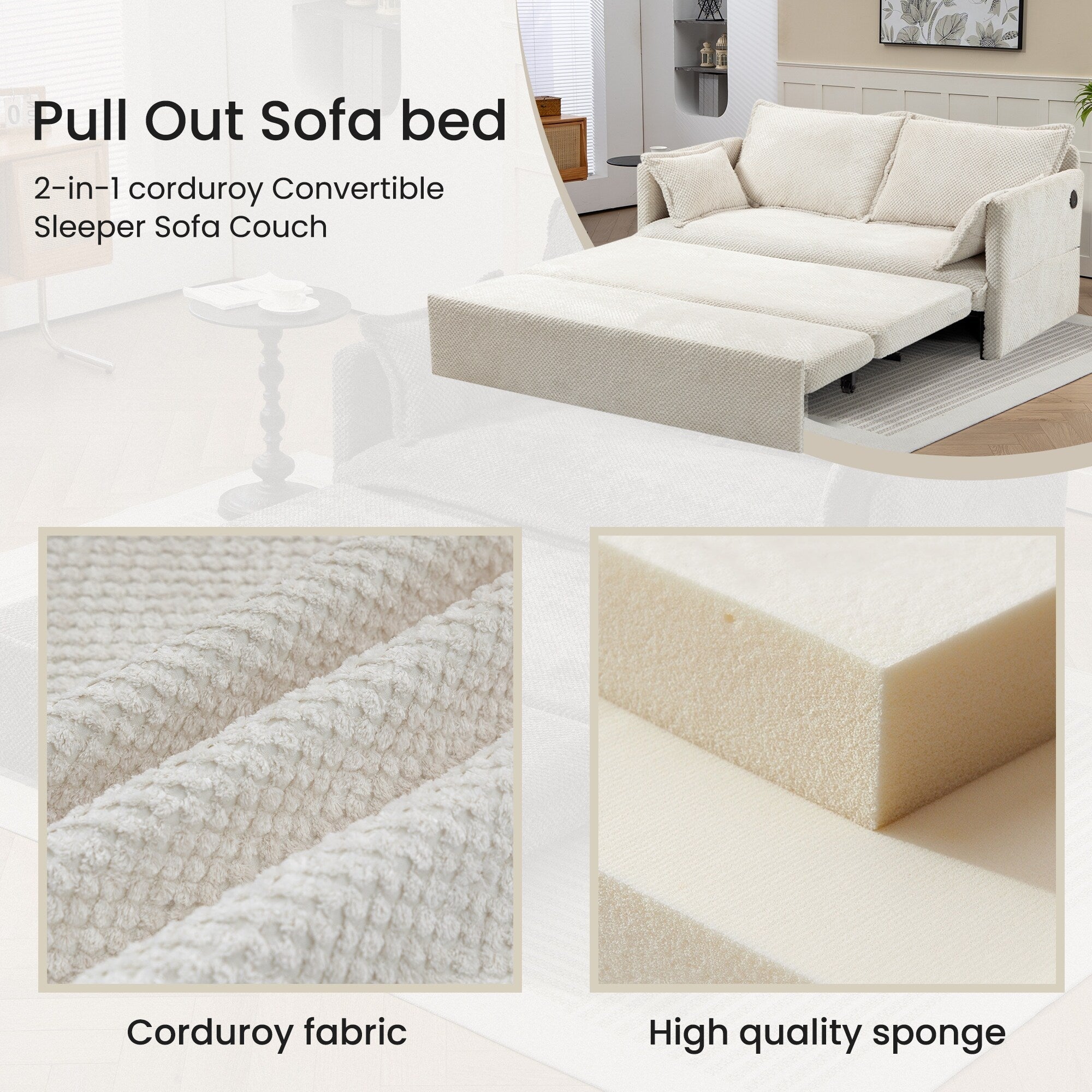 Canapé-lit convertible en velours côtelé de 59,5 po avec lit gigogne, ports de charge USB/type C et rangement latéral