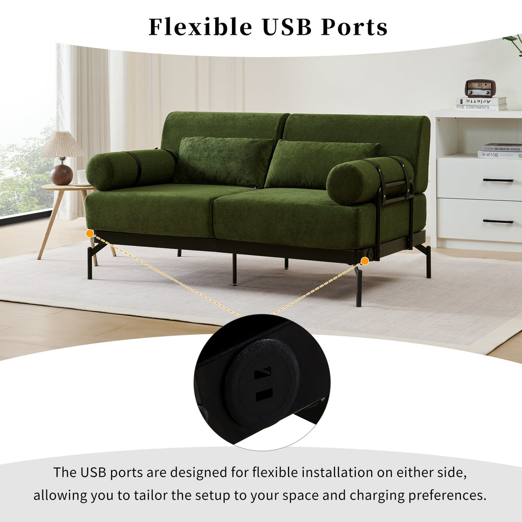 Canapé causeuse moderne en chenille de 59 po avec ports de chargement USB, accoudoirs cylindriques et capacité de charge de 440 lb