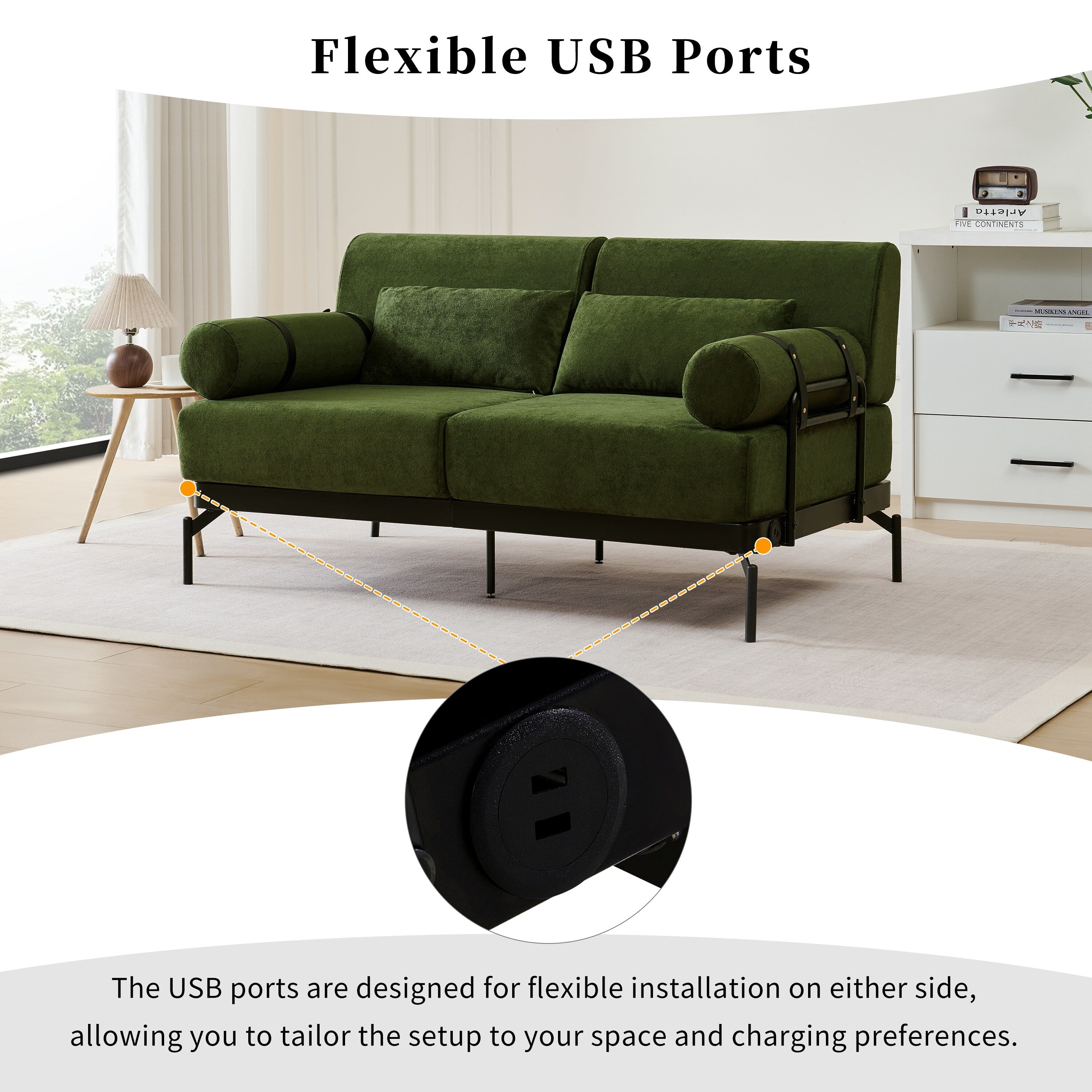 Canapé causeuse moderne en chenille de 59 po avec ports de chargement USB, accoudoirs cylindriques et capacité de charge de 440 lb