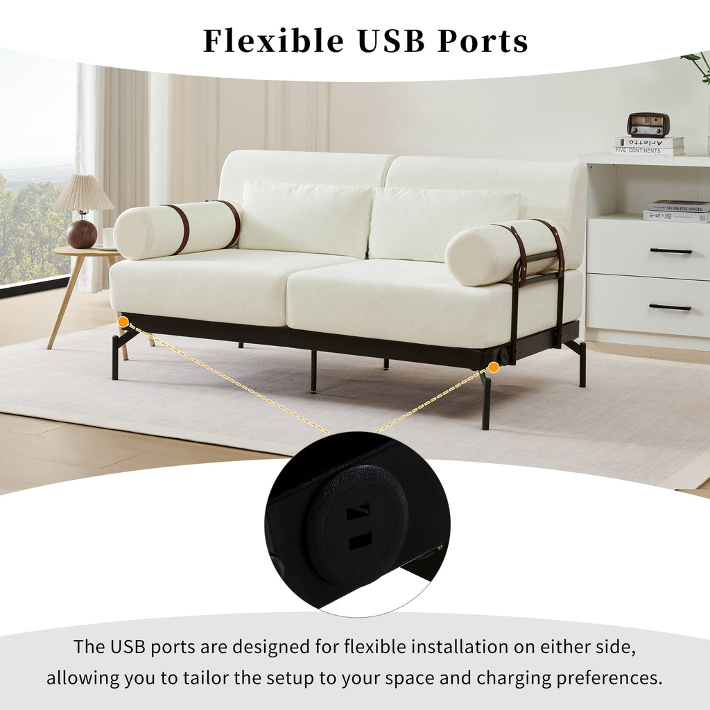 Canapé causeuse moderne en chenille de 59 po avec ports de chargement USB, accoudoirs cylindriques et capacité de charge de 440 lb