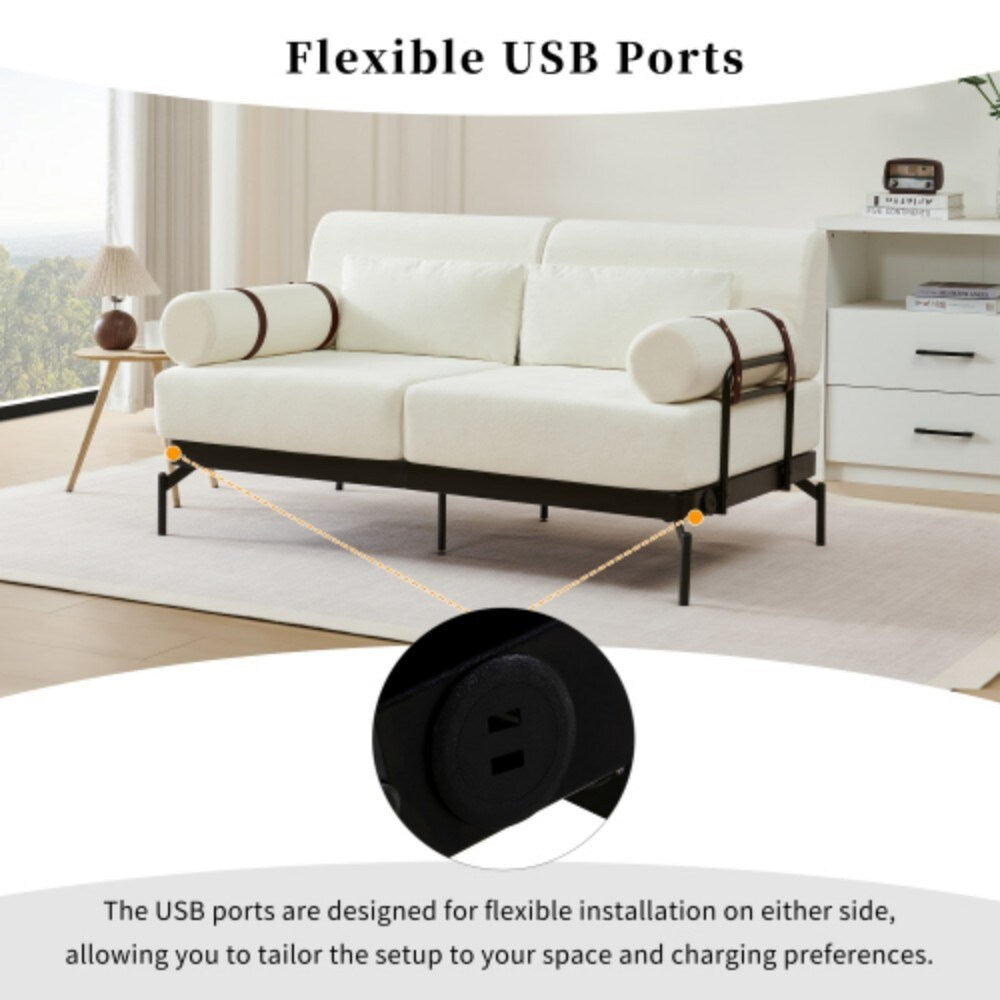 Canapé 2 places moderne de 59 pouces avec ports USB flexibles et accoudoirs cylindriques
