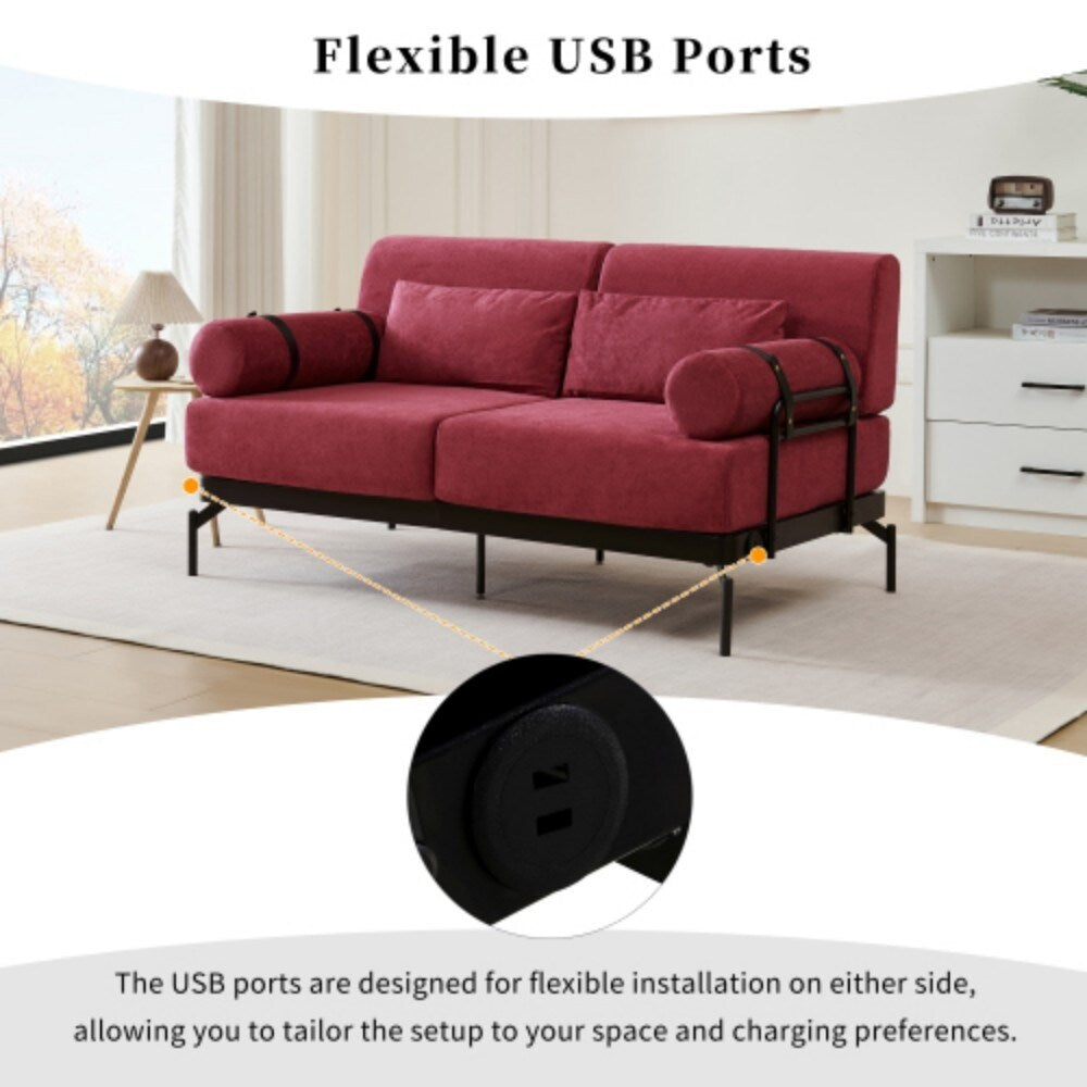 Canapé 2 places moderne de 59 pouces avec ports USB flexibles et accoudoirs cylindriques