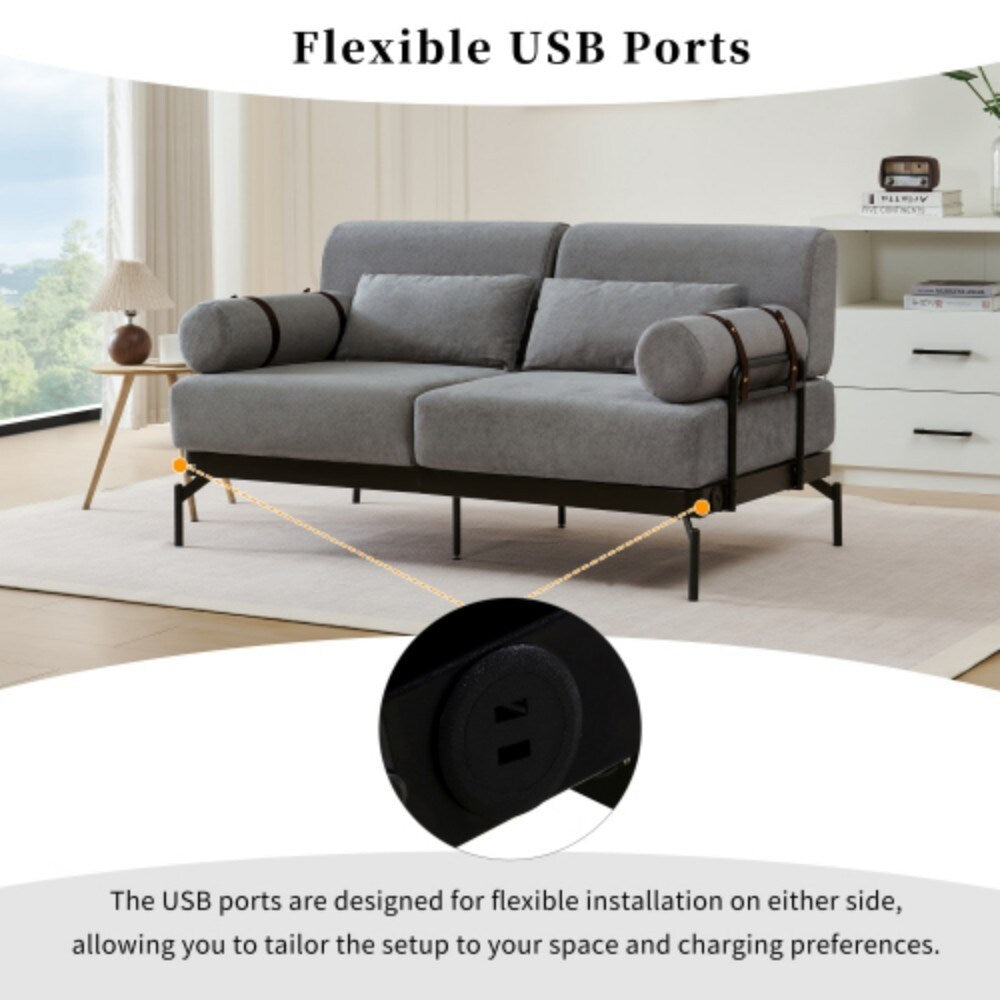 Canapé 2 places moderne de 59 pouces avec ports USB flexibles et accoudoirs cylindriques
