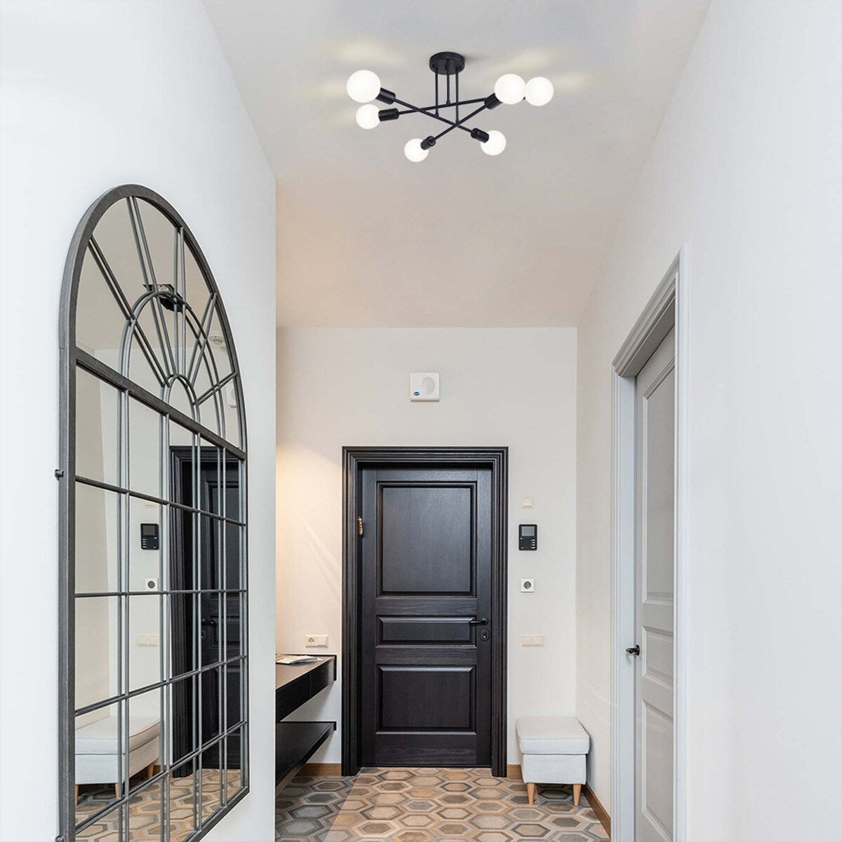 Plafonnier semi-encastré moderne en métal noir Sputnik à 6 lampes