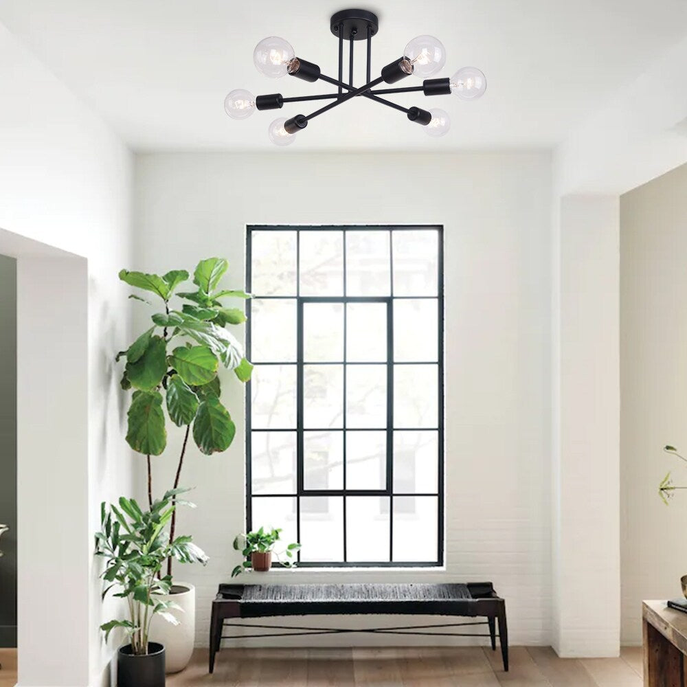 Plafonnier semi-encastré moderne en métal noir Sputnik à 6 lampes