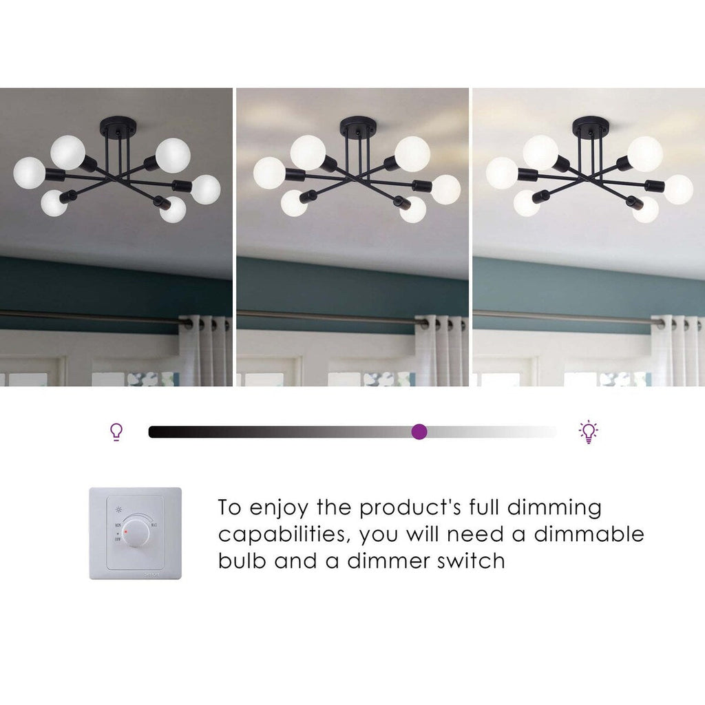 Plafonnier semi-encastré moderne en métal noir Sputnik à 6 lampes