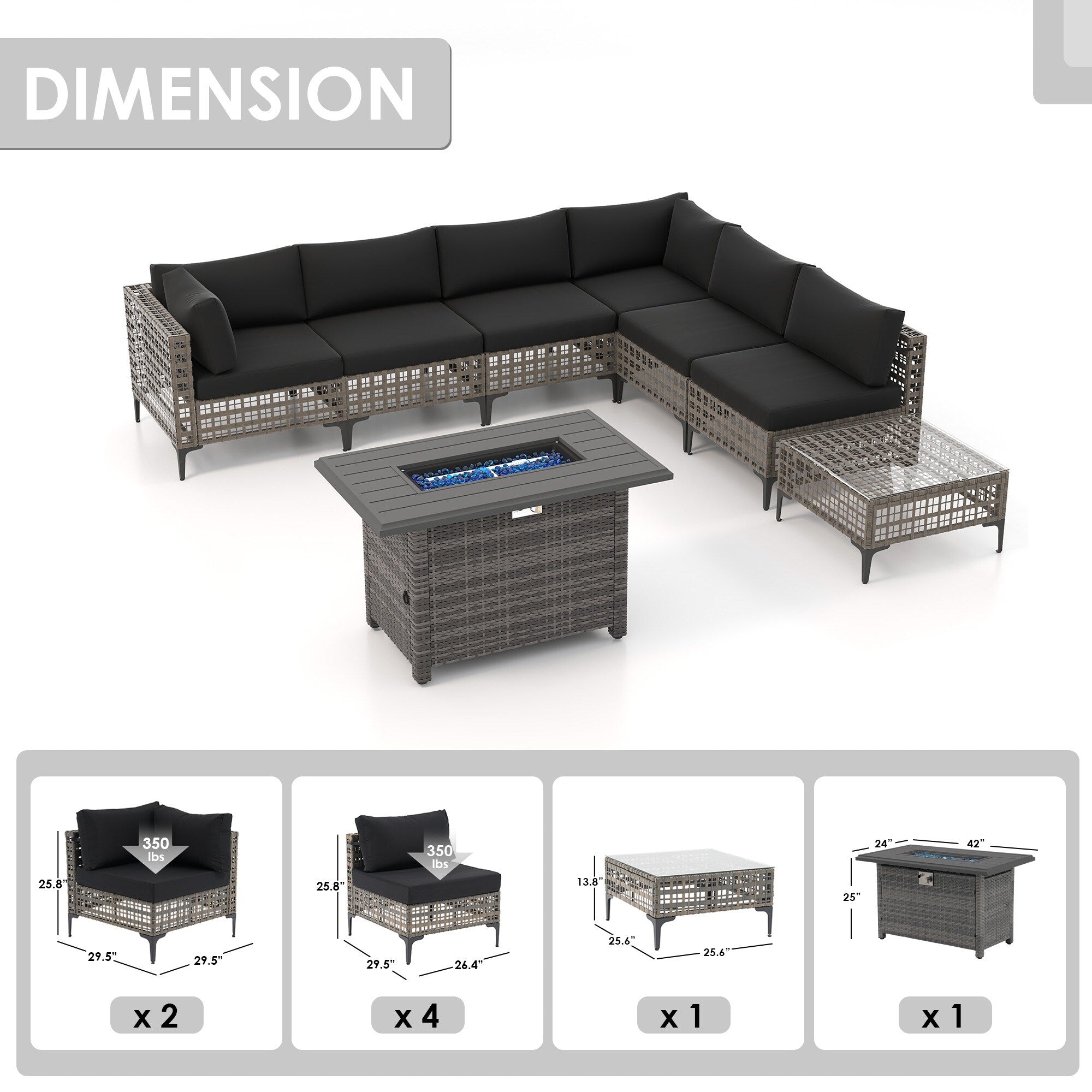 Ensemble de sièges d'extérieur sectionnels pour 6 personnes avec foyer