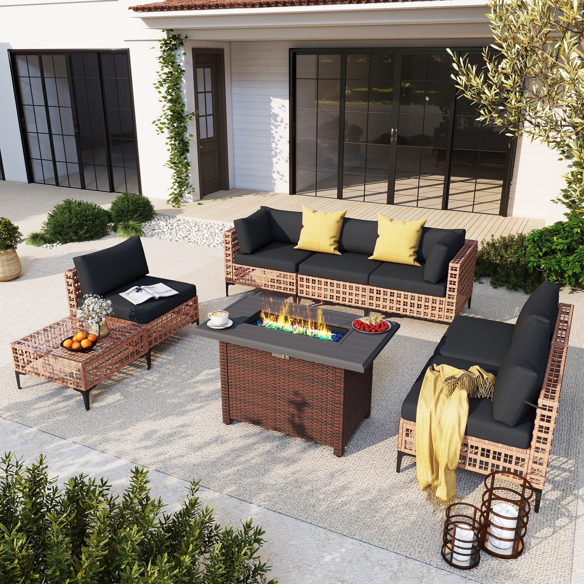 Ensemble de sièges d'extérieur sectionnels pour 6 personnes avec foyer