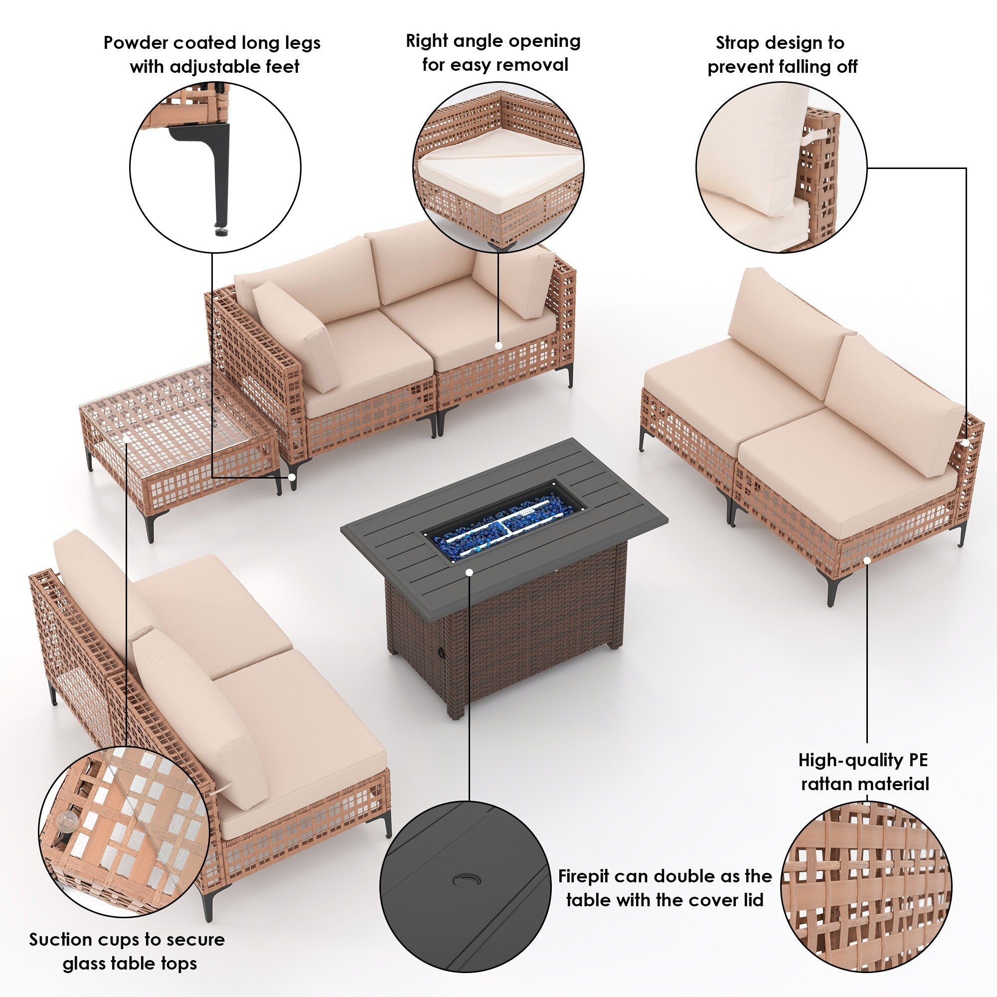 Ensemble de sièges d'extérieur sectionnels pour 6 personnes avec foyer