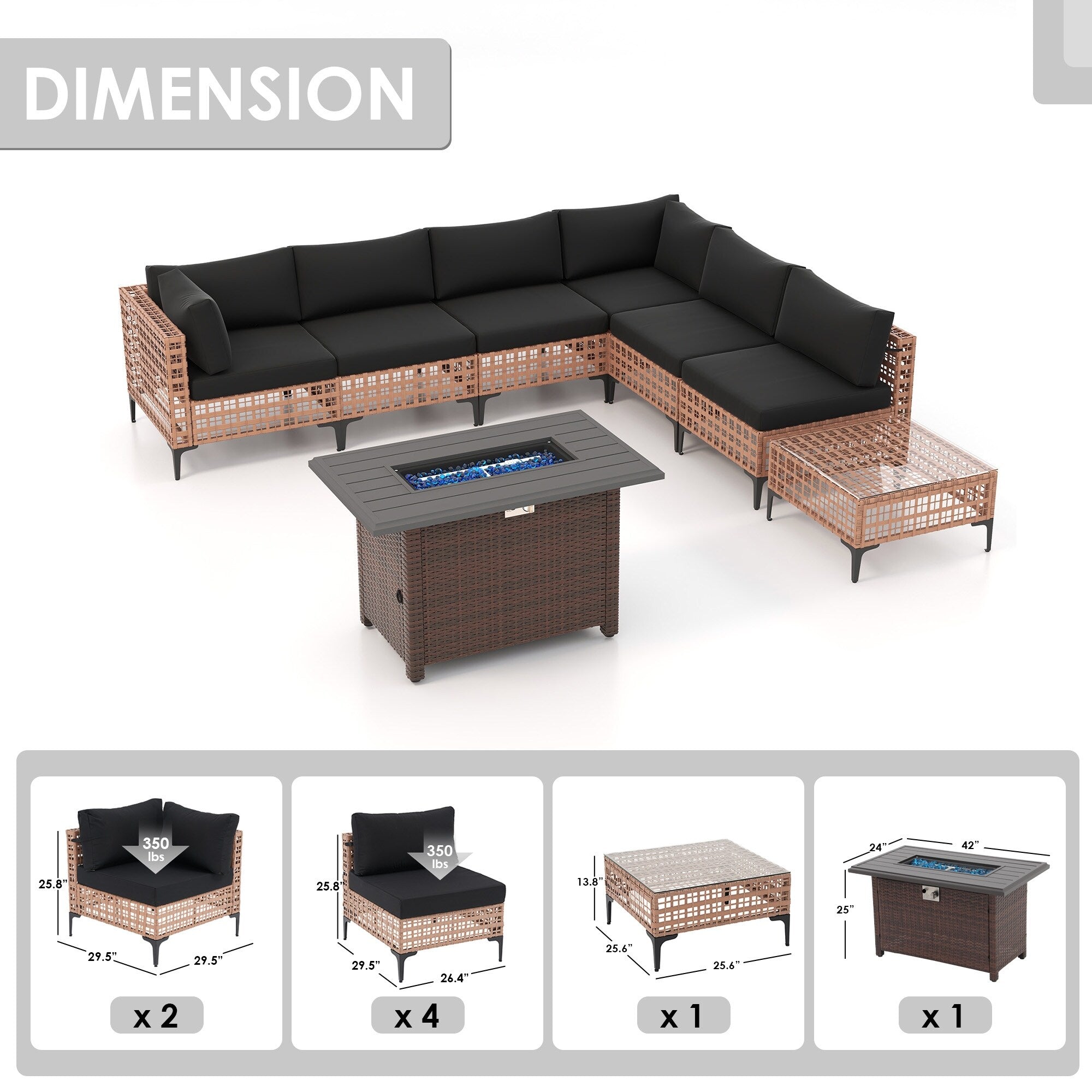 Ensemble de sièges d'extérieur sectionnels pour 6 personnes avec foyer