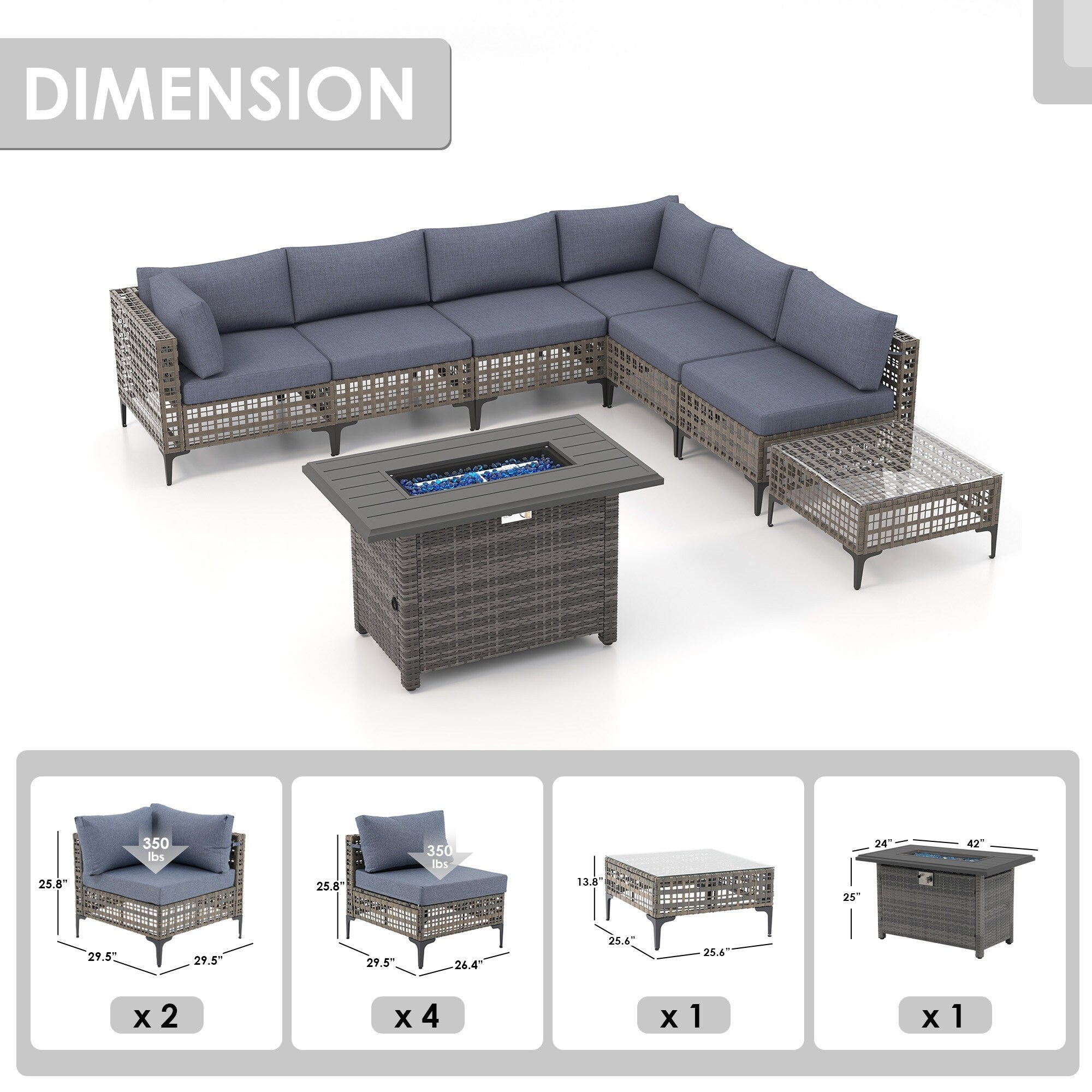 Ensemble de sièges d'extérieur sectionnels pour 6 personnes avec foyer