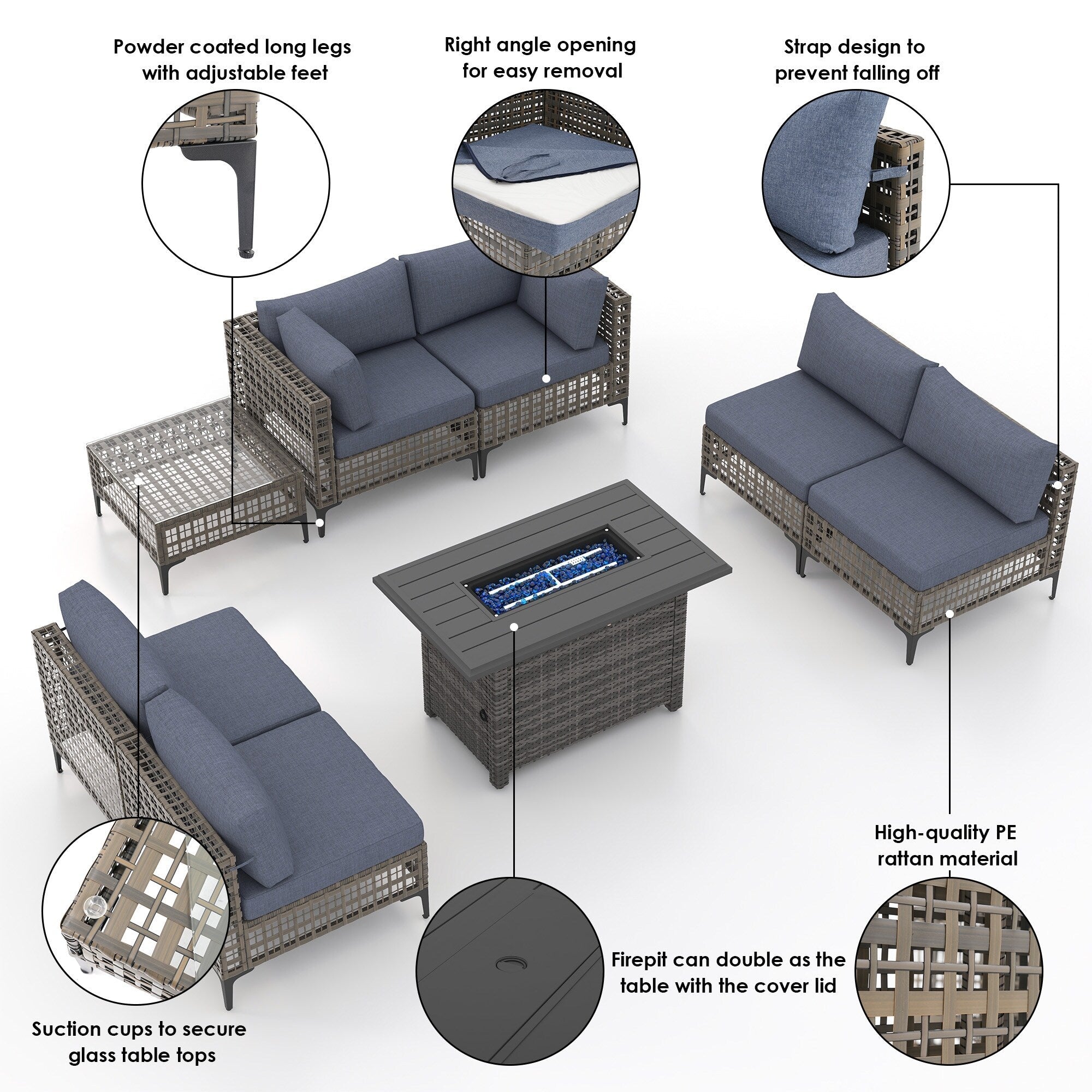 Ensemble de sièges d'extérieur sectionnels pour 6 personnes avec foyer