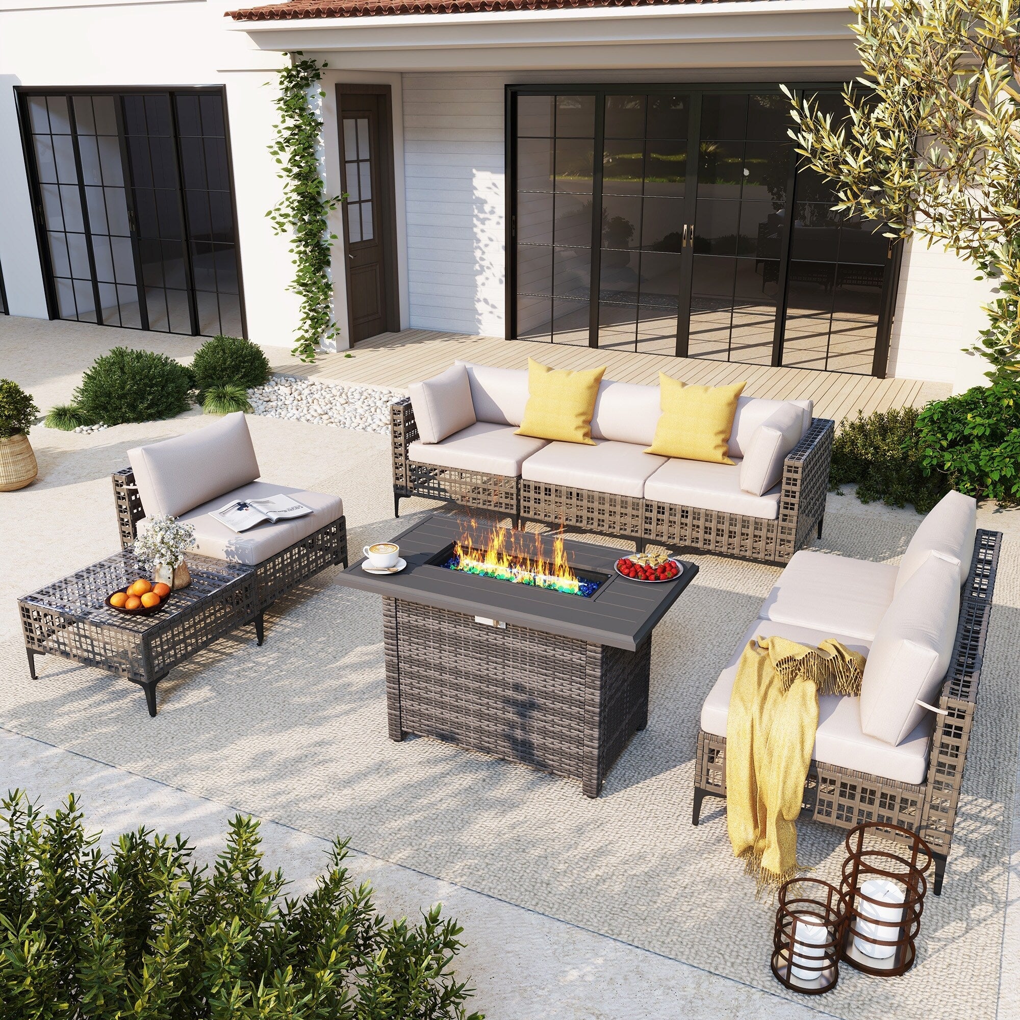 Ensemble de sièges d'extérieur sectionnels pour 6 personnes avec foyer