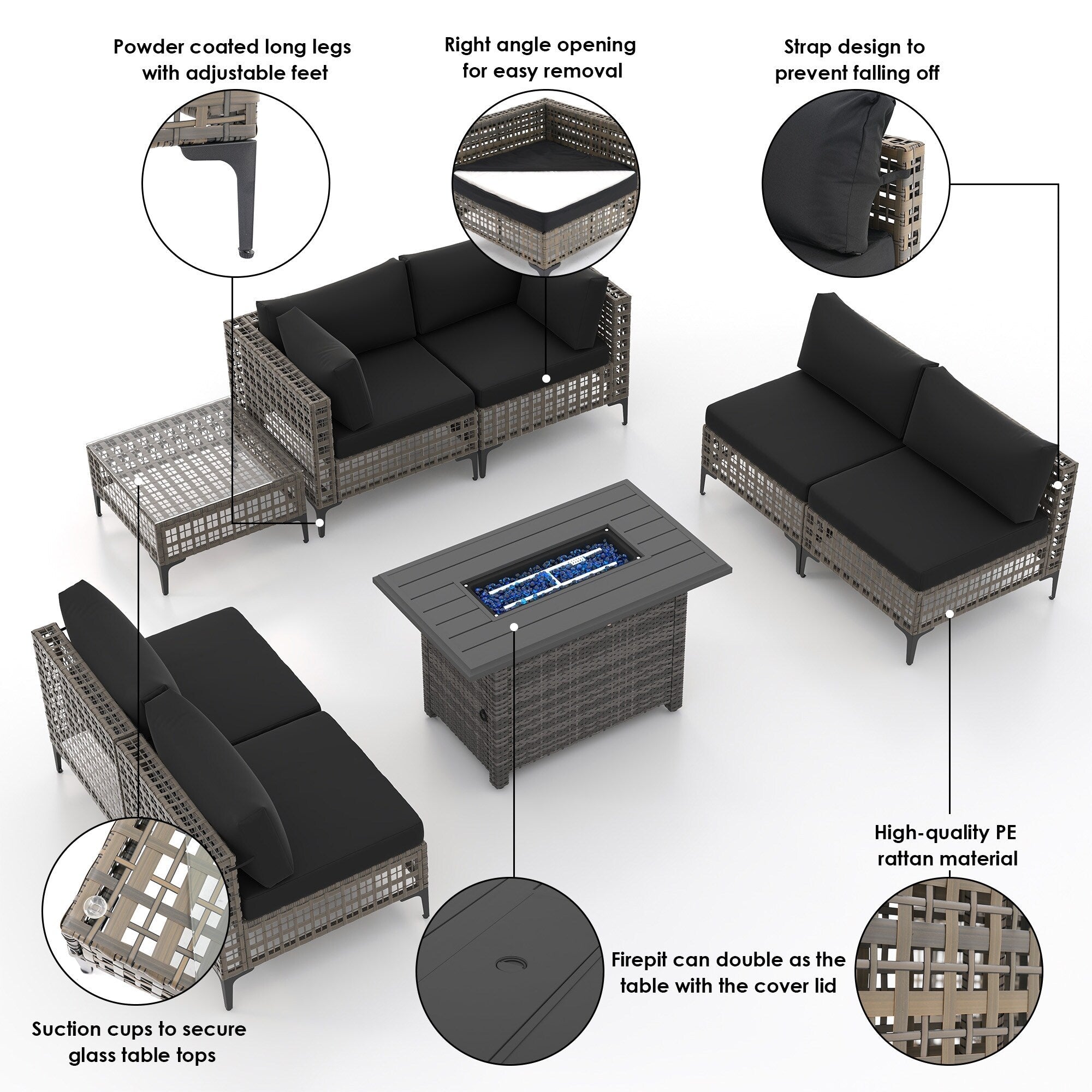 Ensemble de sièges d'extérieur sectionnels pour 6 personnes avec foyer