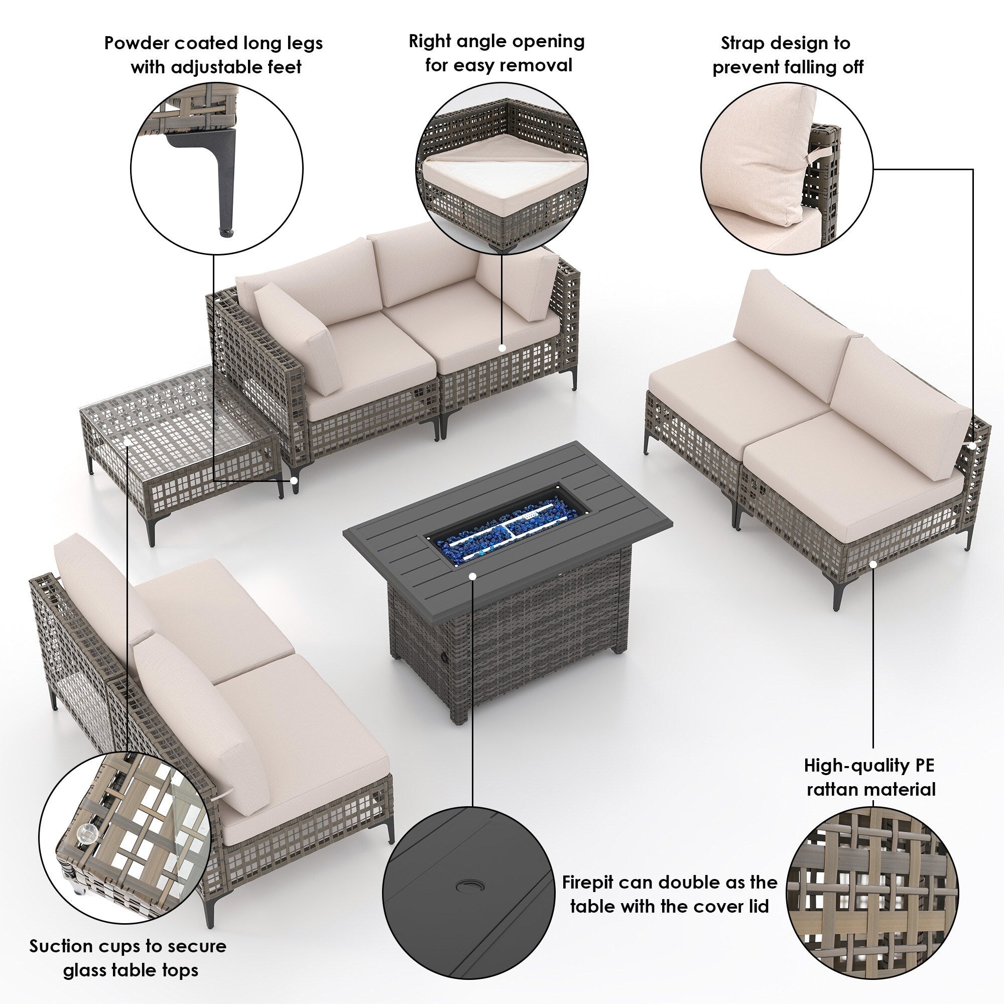 Ensemble de sièges d'extérieur sectionnels pour 6 personnes avec foyer
