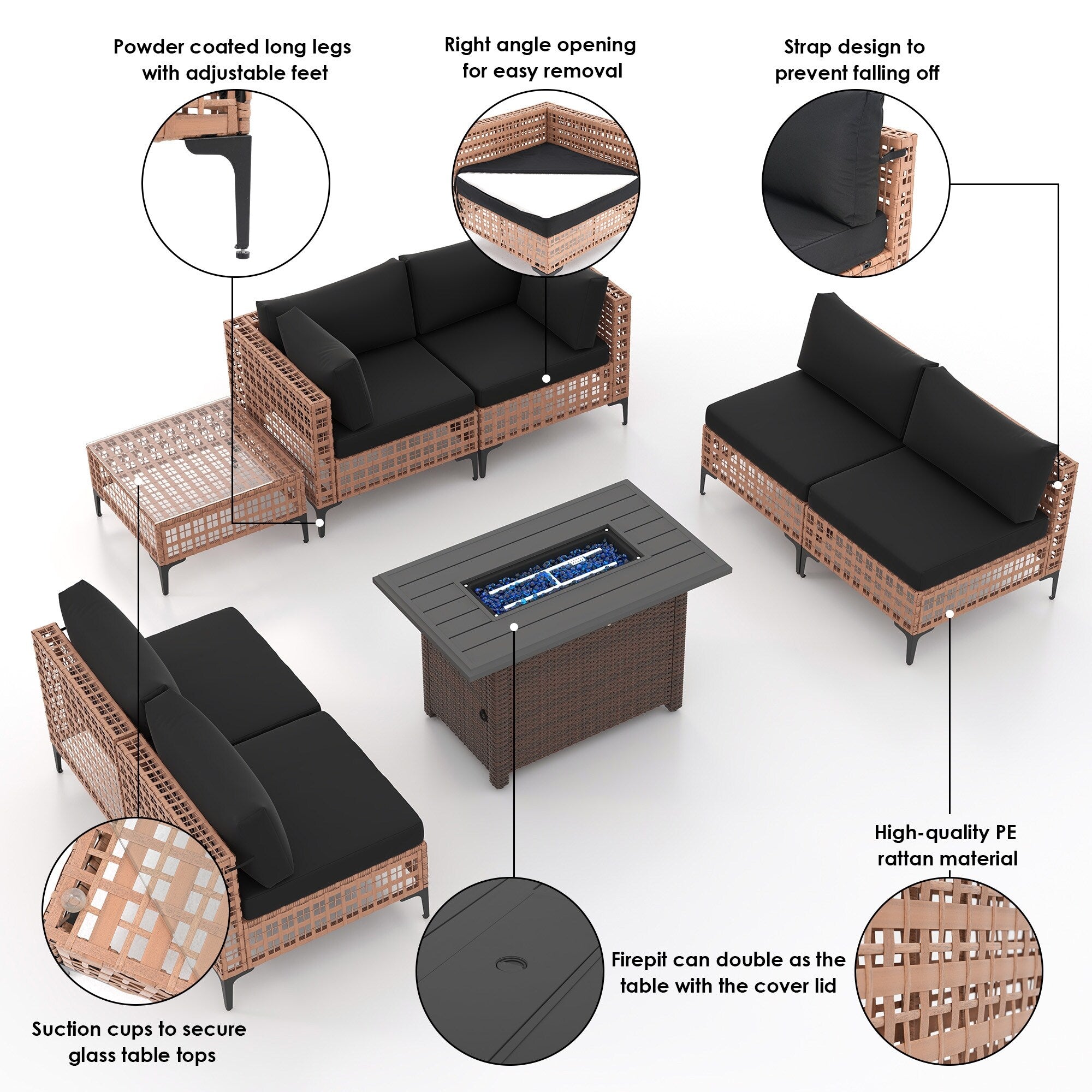 Ensemble de sièges d'extérieur sectionnels pour 6 personnes avec foyer