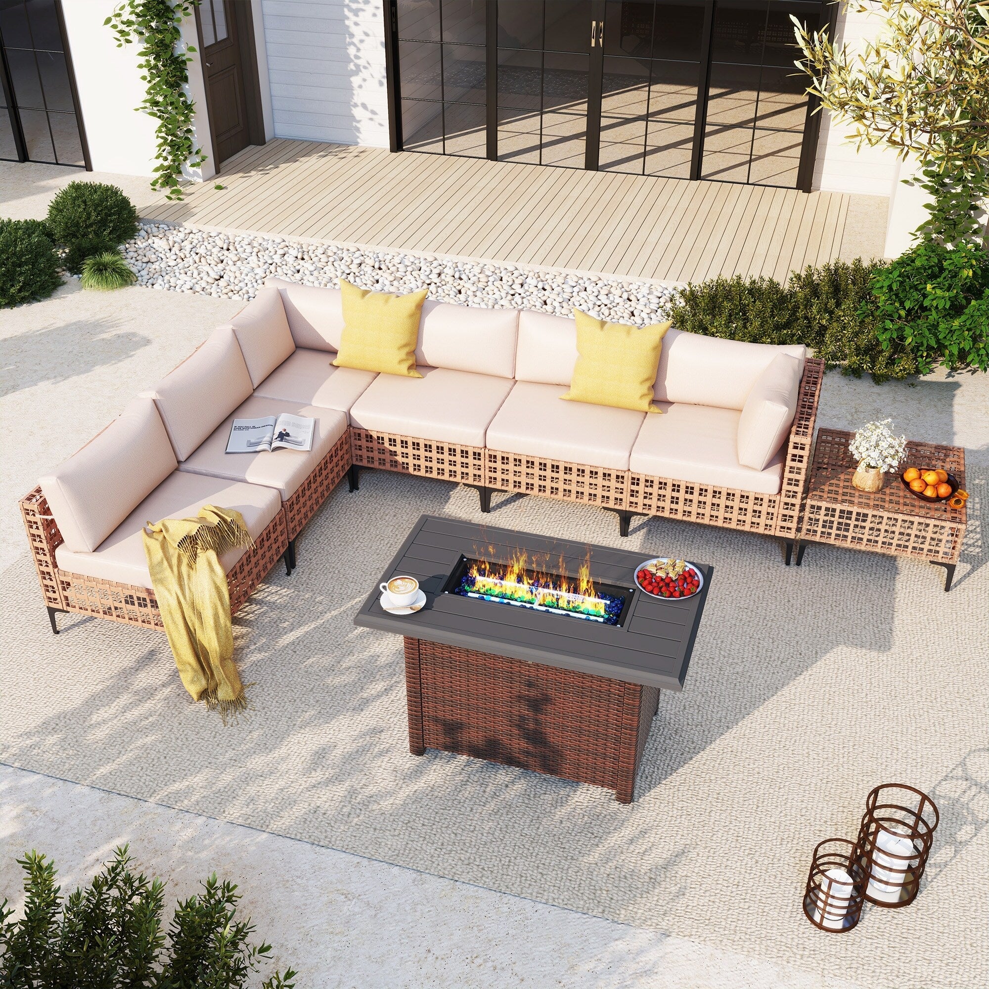 Ensemble de sièges d'extérieur sectionnels pour 6 personnes avec foyer