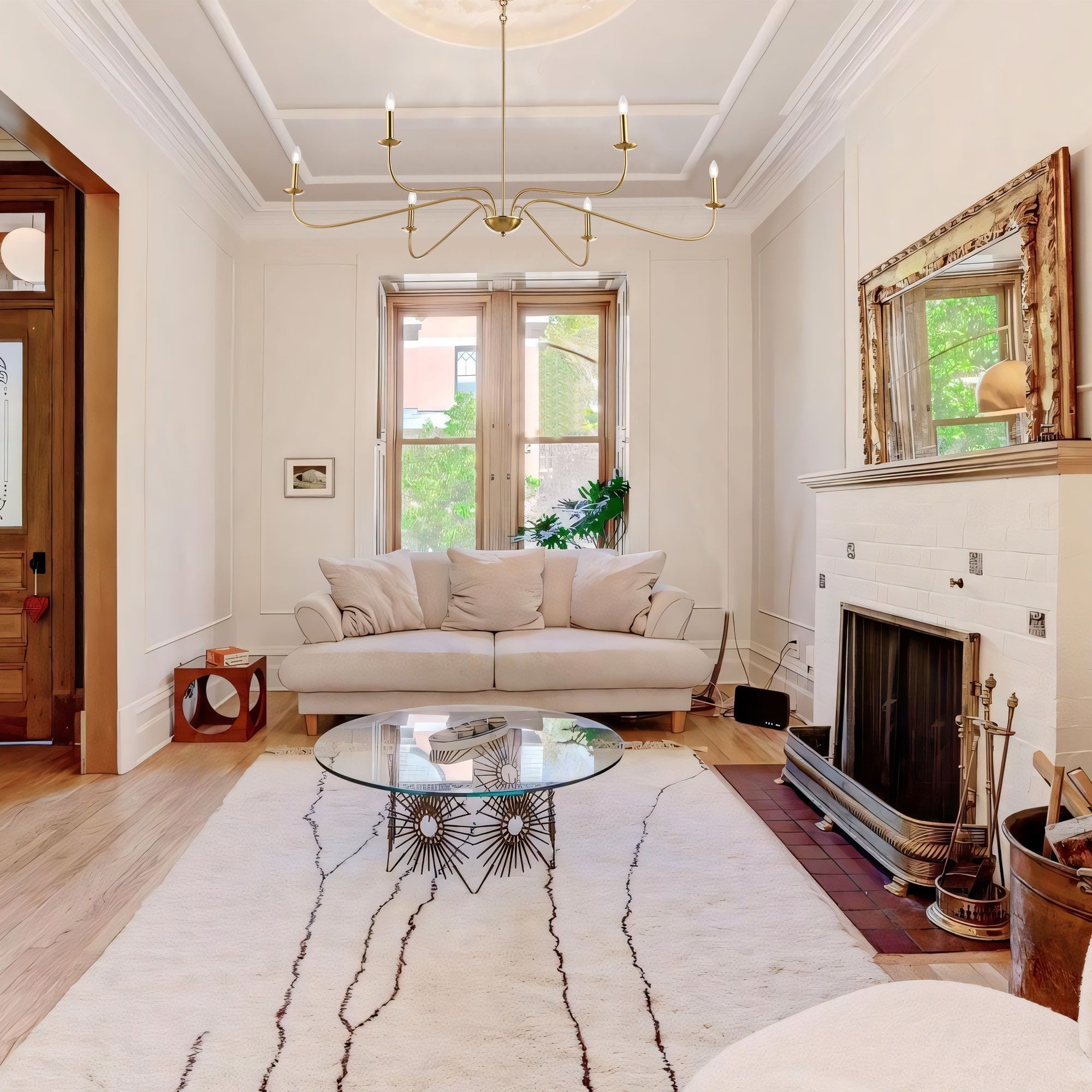 Lustre minimaliste à 6 lumières de 64 pouces, noir mat, or et chrome - N/A