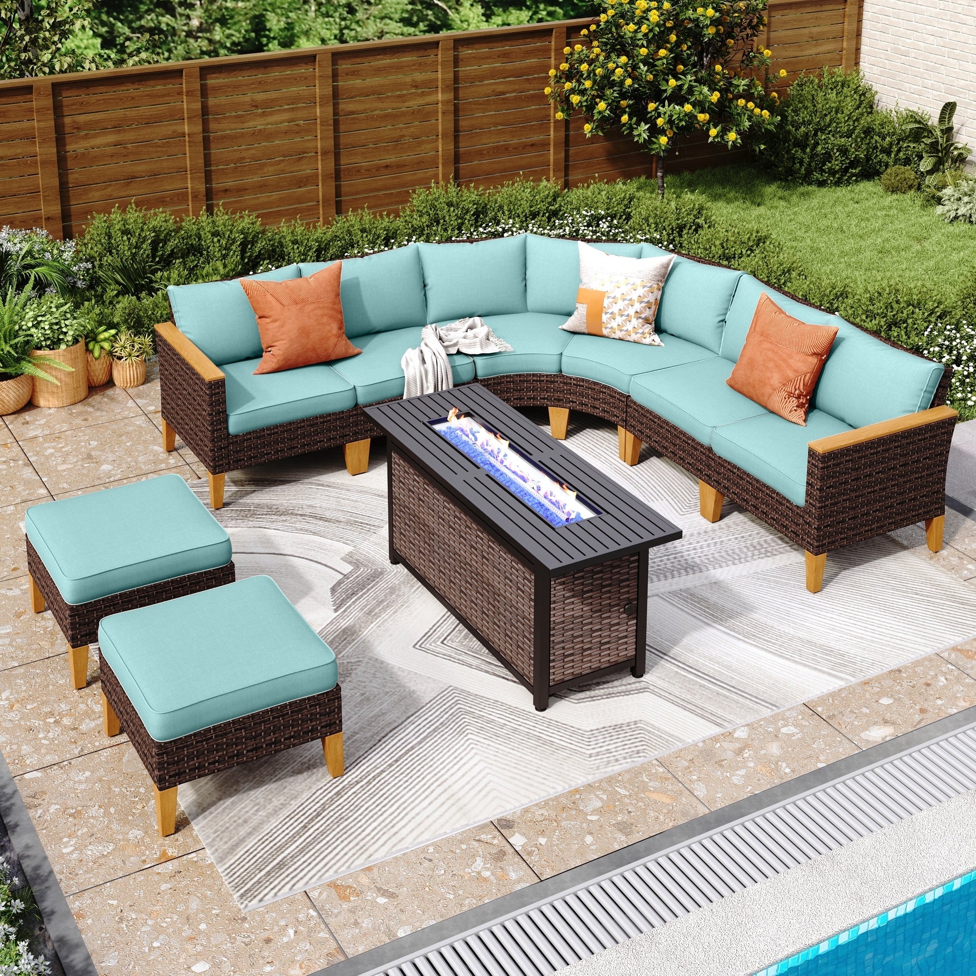 Ensemble de 6 à 11 canapés d'extérieur en osier, style demi-lune, avec grand salon de jardin et table pour foyer