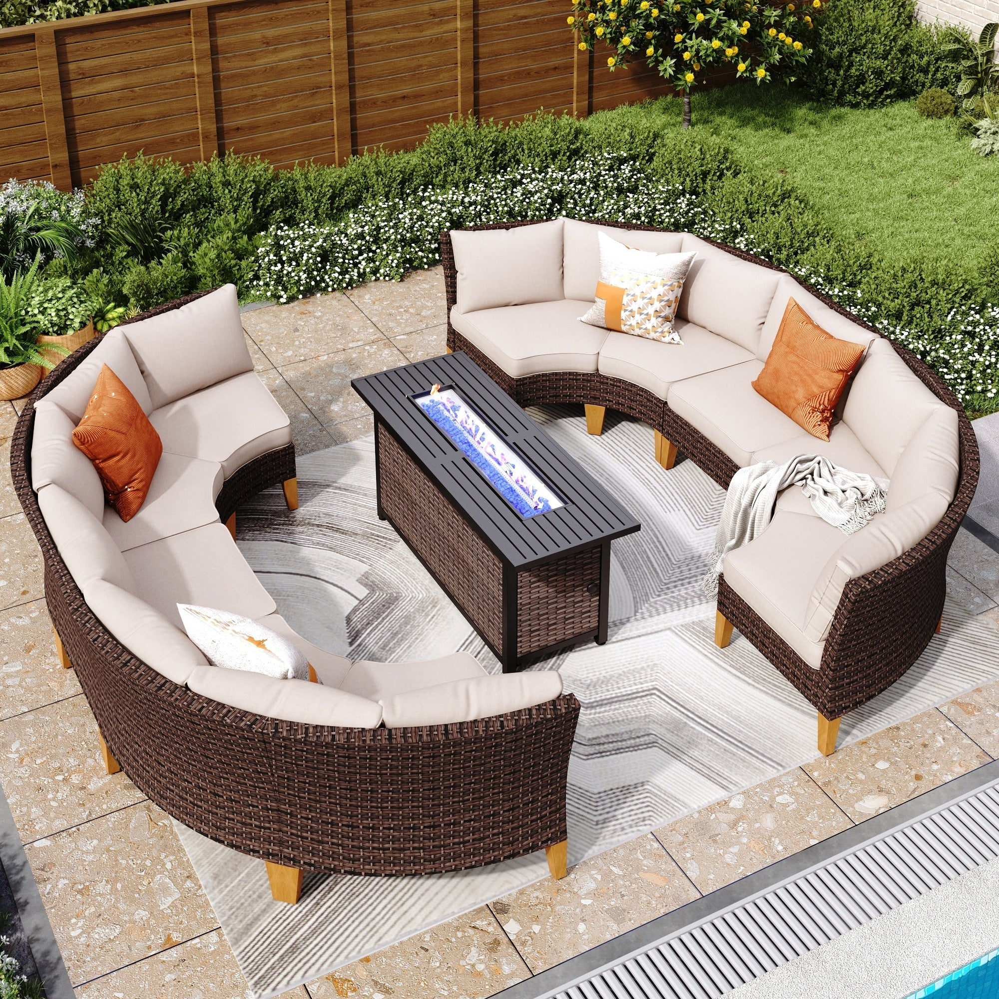 Ensemble de 6 à 11 canapés d'extérieur en osier, style demi-lune, avec grand salon de jardin et table pour foyer