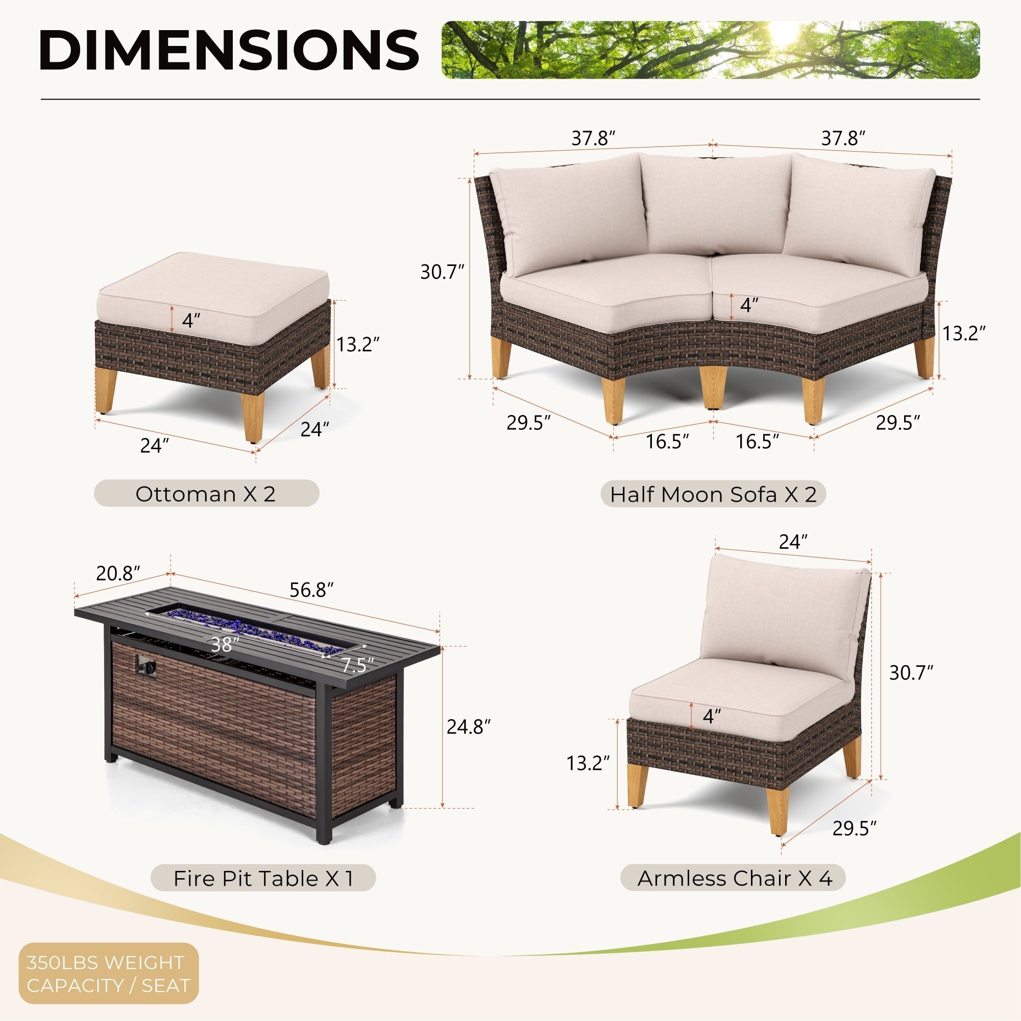 Ensemble de 6 à 11 canapés d'extérieur en osier, style demi-lune, avec grand salon de jardin et table pour foyer