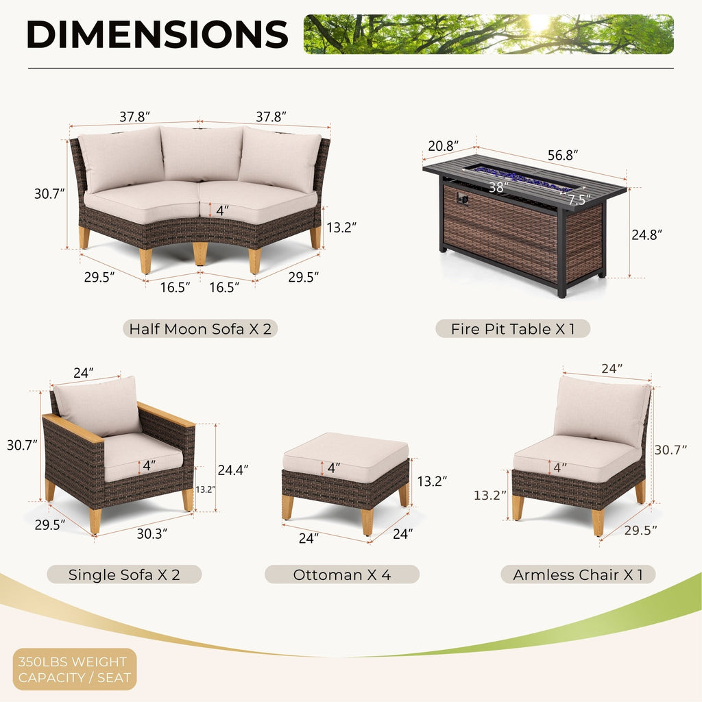 Ensemble de 6 à 11 canapés d'extérieur en osier, style demi-lune, avec grand salon de jardin et table pour foyer