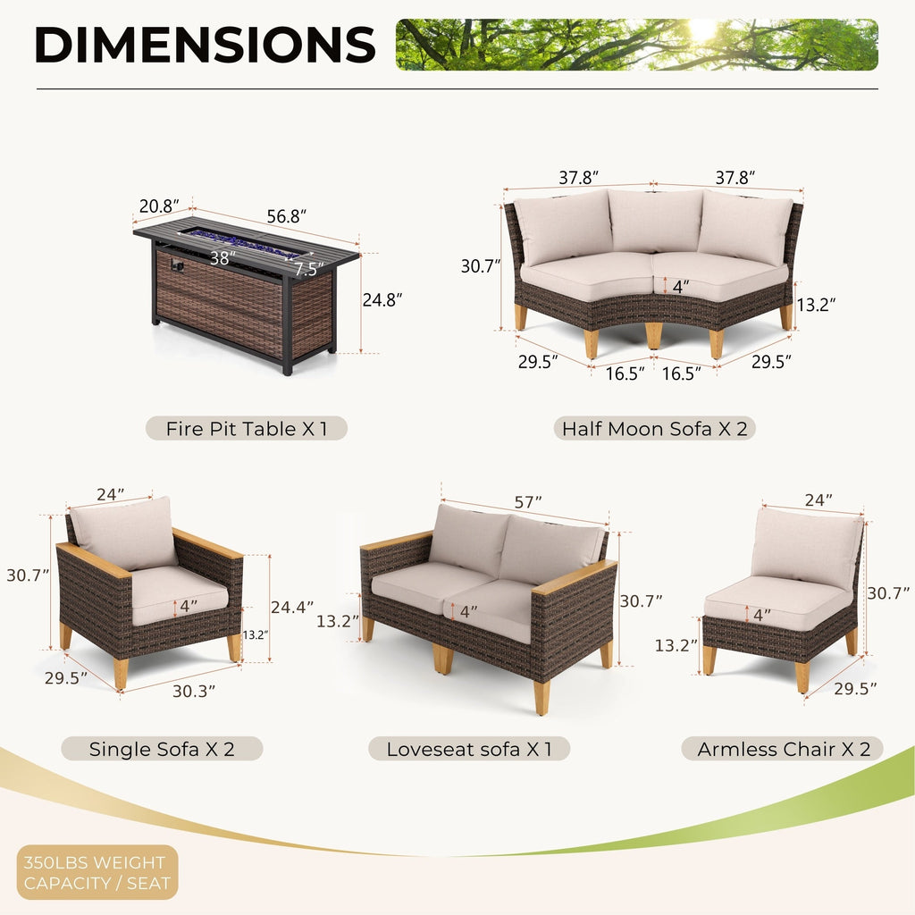 Ensemble de 6 à 11 canapés d'extérieur en osier, style demi-lune, avec grand salon de jardin et table pour foyer