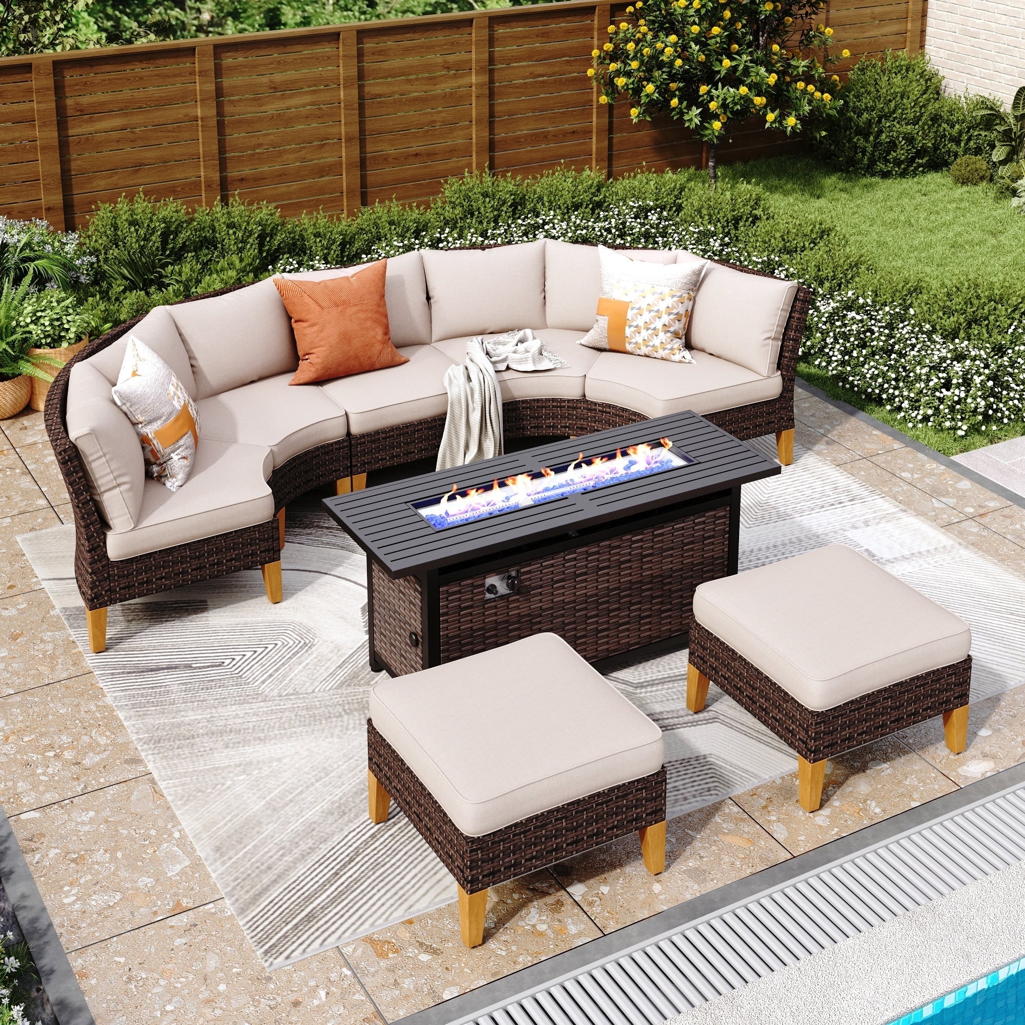 Ensemble de 6 à 11 canapés d'extérieur en osier, style demi-lune, avec grand salon de jardin et table pour foyer