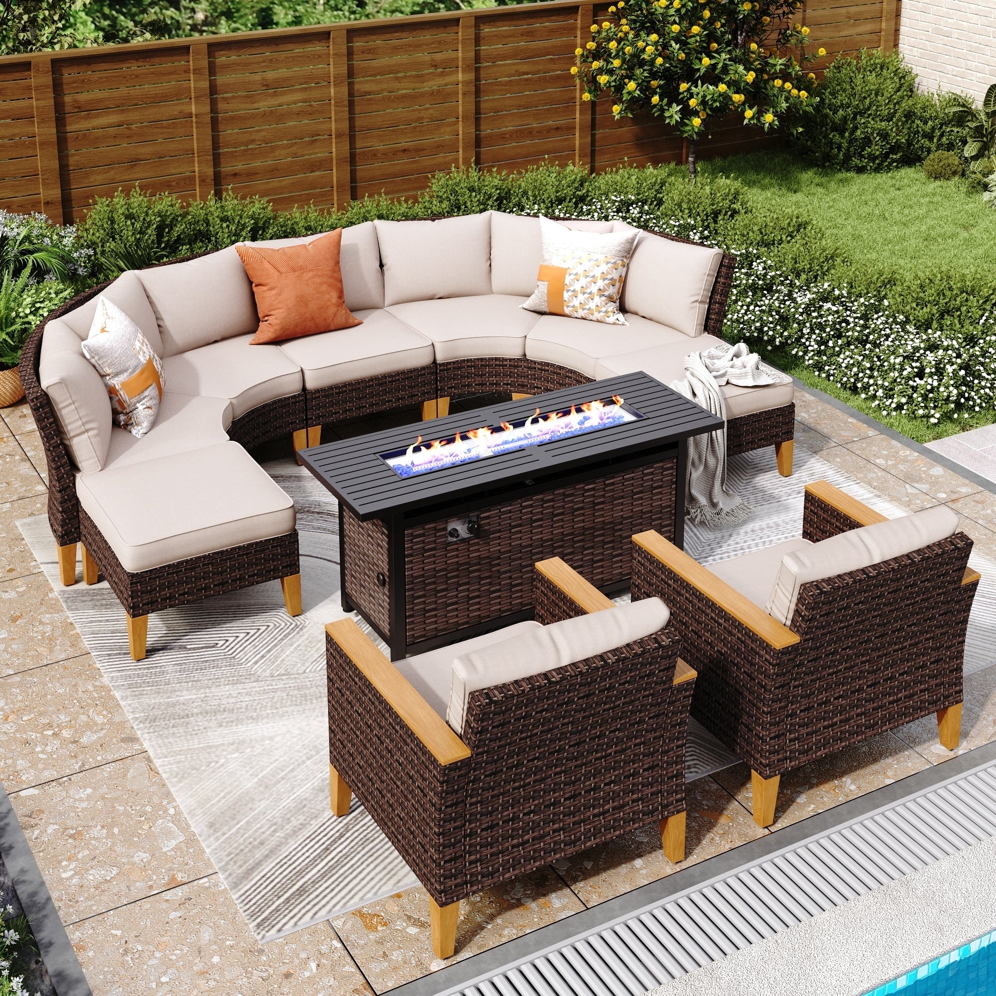 Ensemble de 6 à 11 canapés d'extérieur en osier, style demi-lune, avec grand salon de jardin et table pour foyer