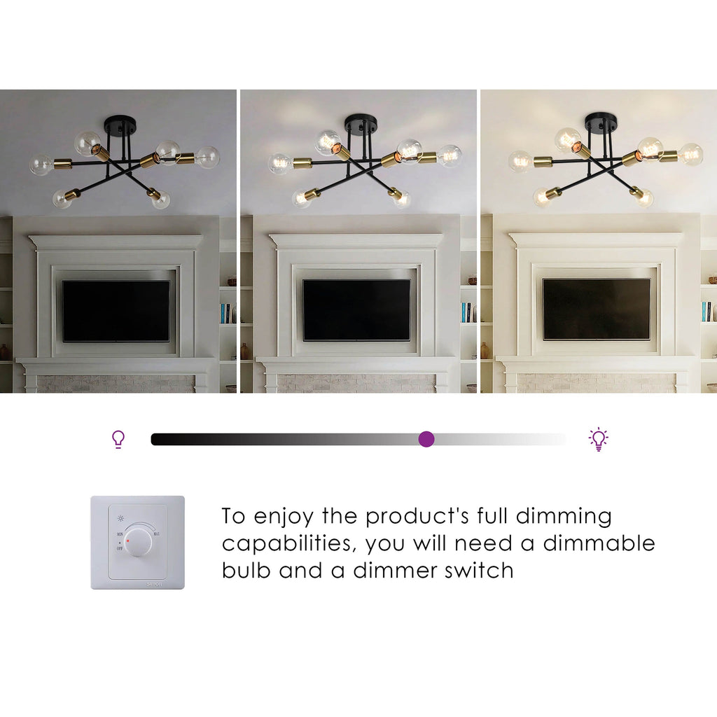 Plafonnier semi-encastré moderne industriel linéaire à 6 lumières en forme de branche Spoutnik