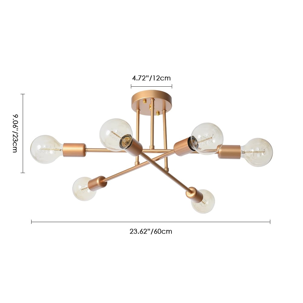 Plafonnier semi-encastré moderne industriel linéaire à 6 lumières en forme de branche Spoutnik