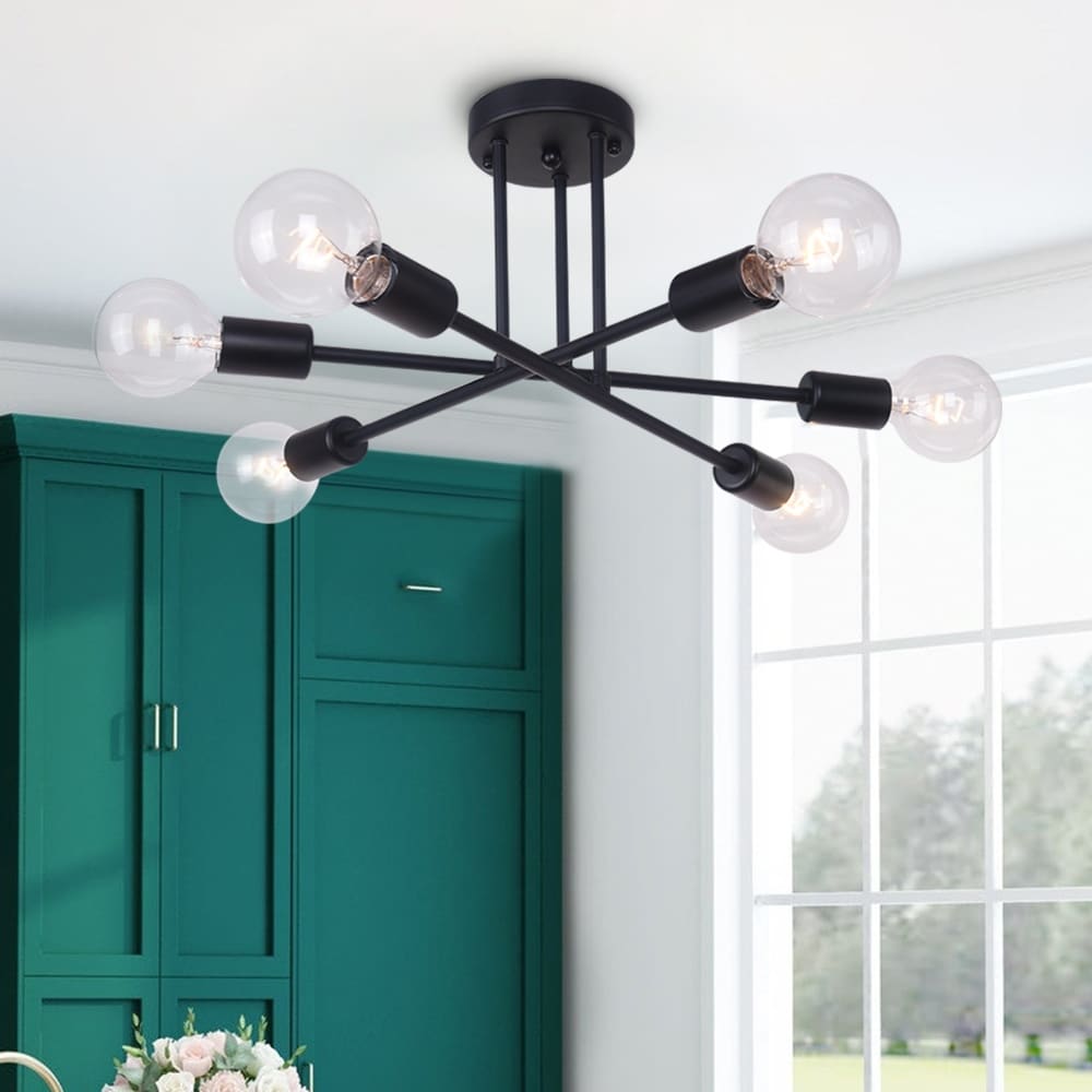 Plafonnier semi-encastré moderne industriel linéaire à 6 lumières en forme de branche Spoutnik