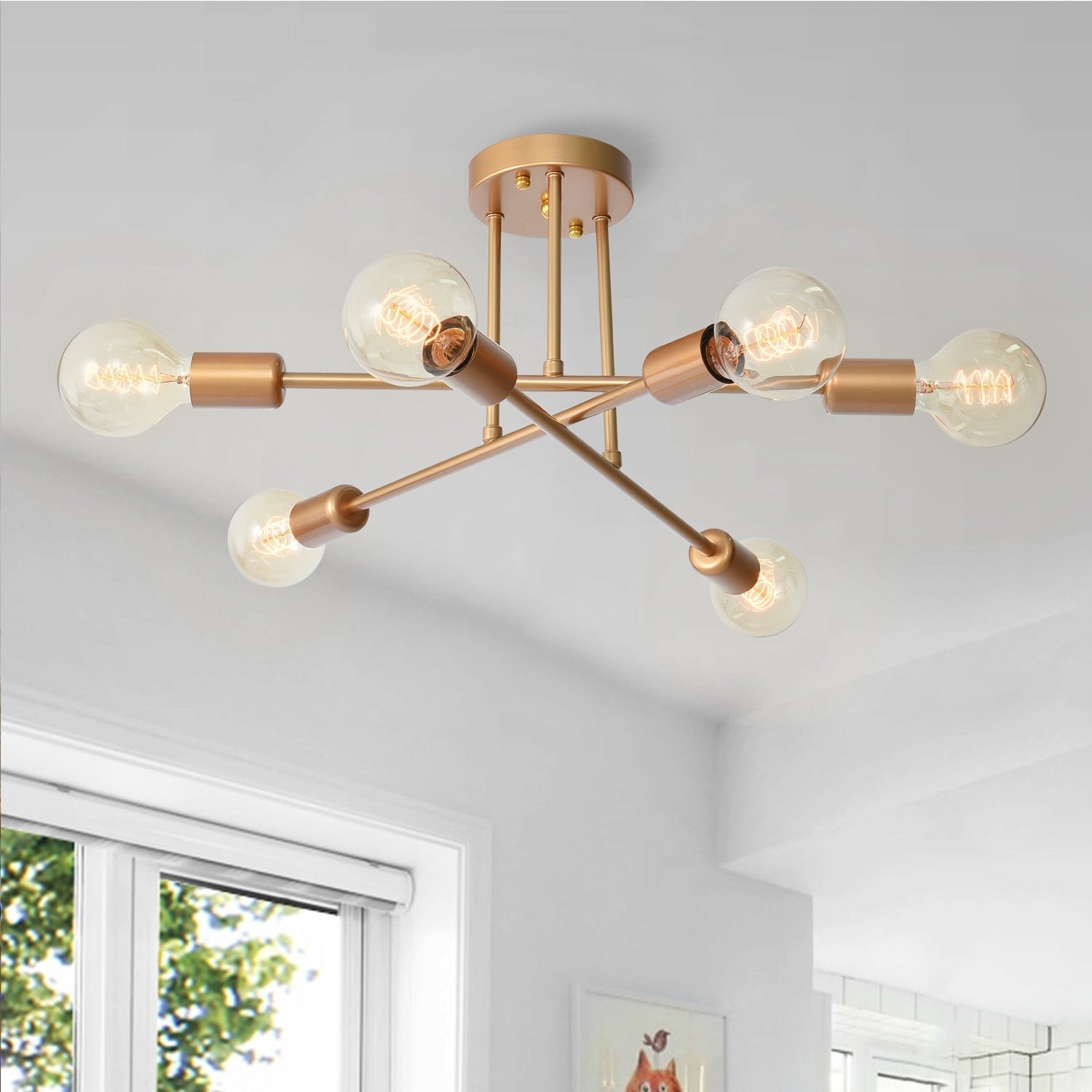 Plafonnier semi-encastré moderne industriel linéaire à 6 lumières en forme de branche Spoutnik