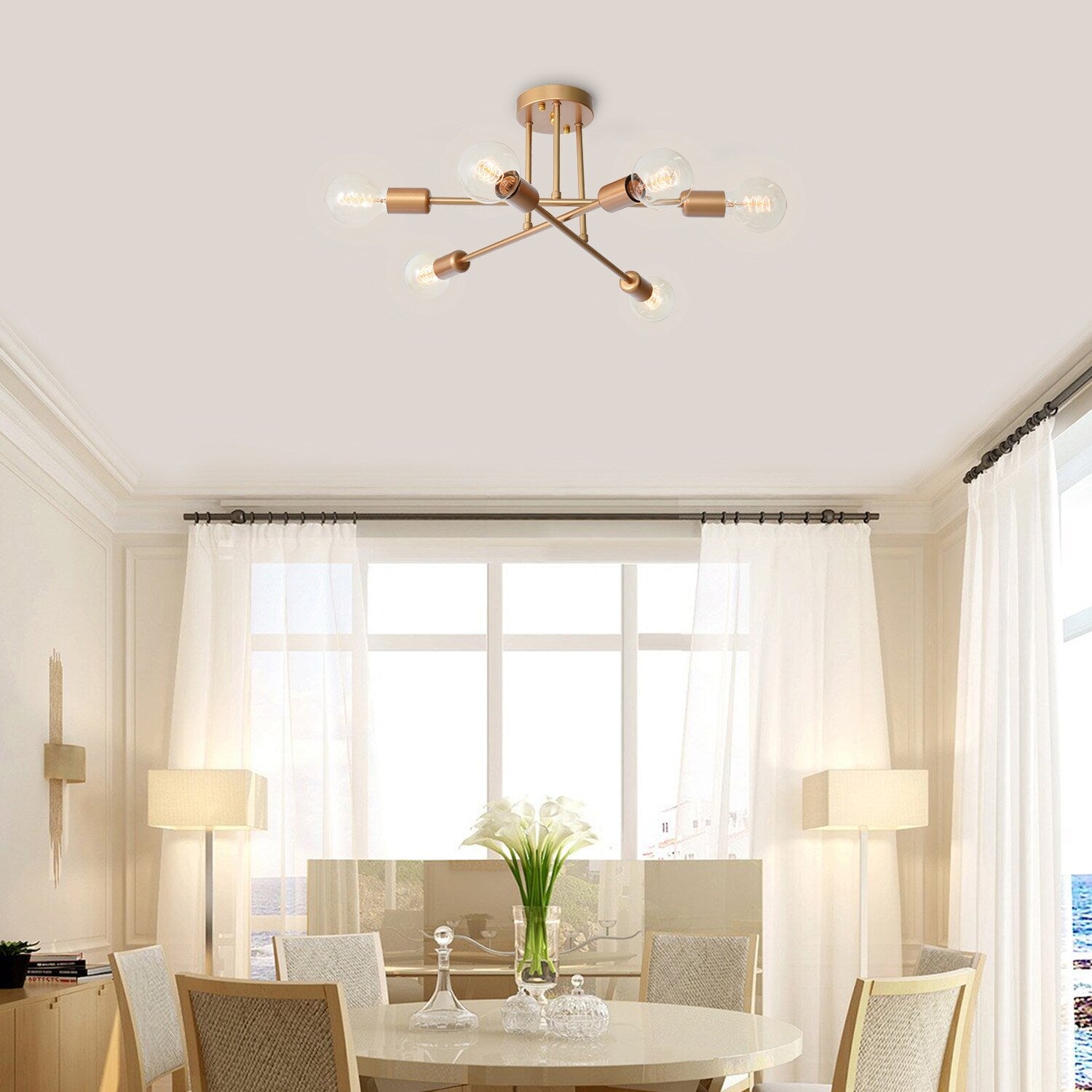 Plafonnier semi-encastré moderne industriel linéaire à 6 lumières en forme de branche Spoutnik