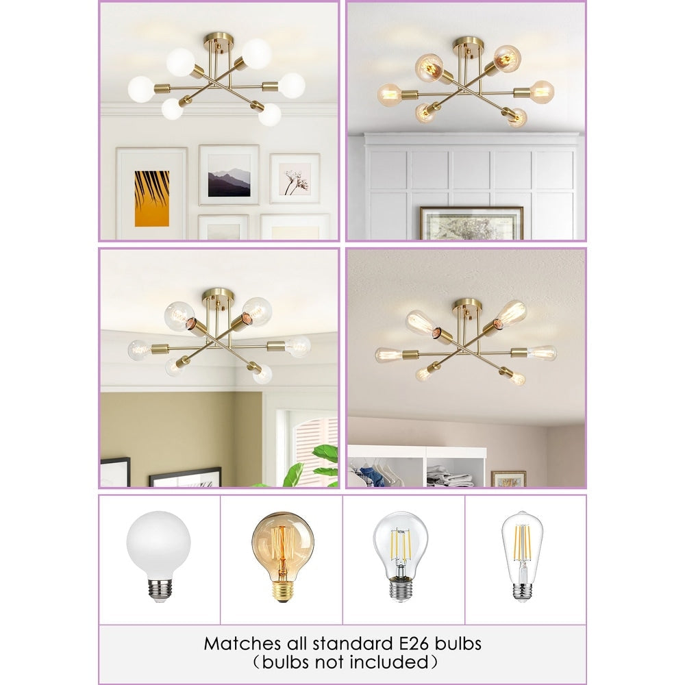 Plafonnier semi-encastré moderne industriel linéaire à 6 lumières en forme de branche Spoutnik