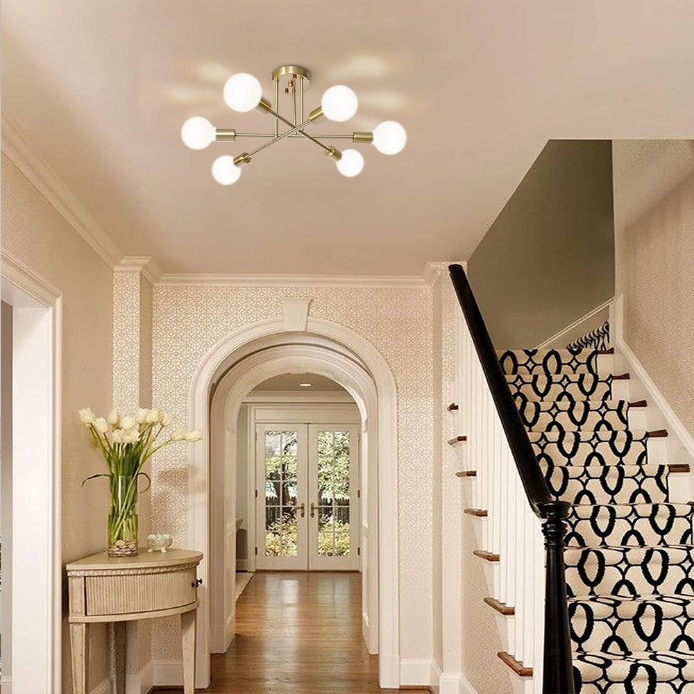 Plafonnier semi-encastré moderne industriel linéaire à 6 lumières en forme de branche Spoutnik