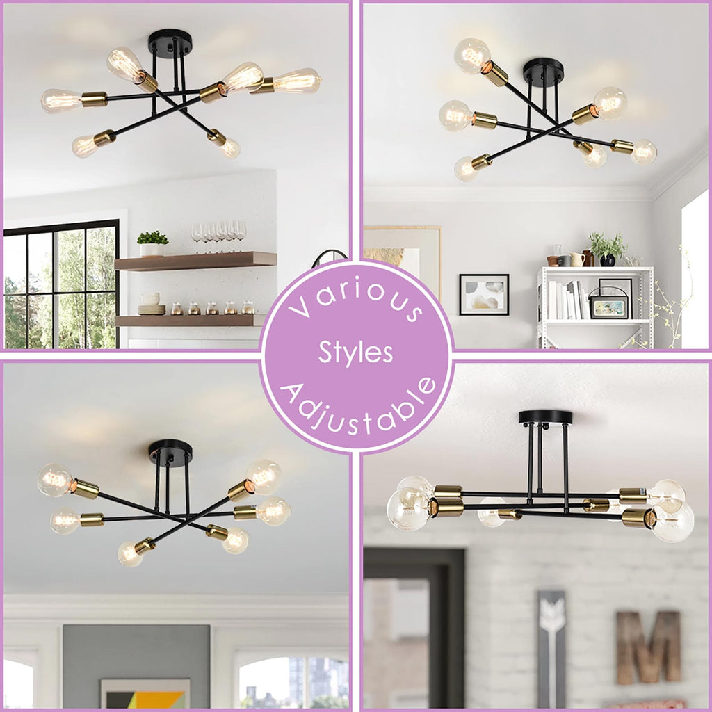 Plafonnier semi-encastré moderne industriel linéaire à 6 lumières en forme de branche Spoutnik