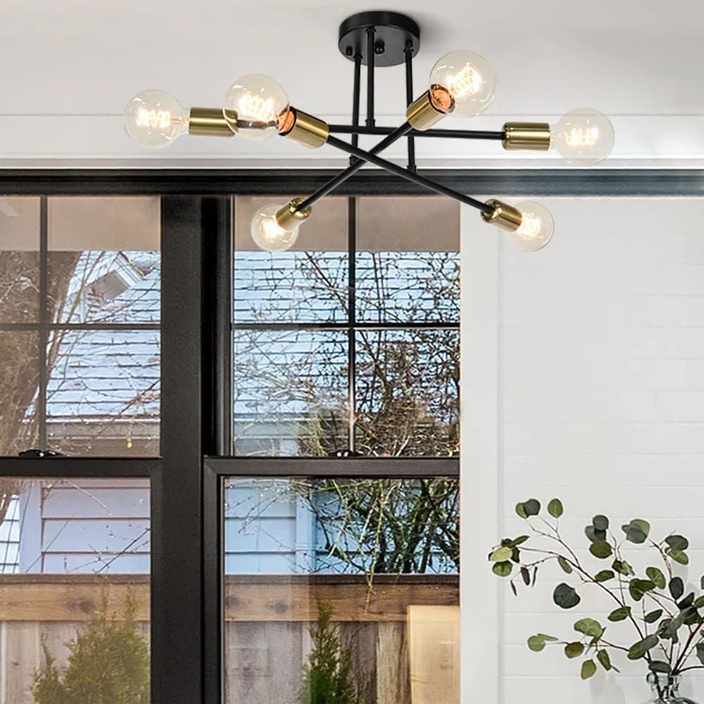 Plafonnier semi-encastré moderne industriel linéaire à 6 lumières en forme de branche Spoutnik