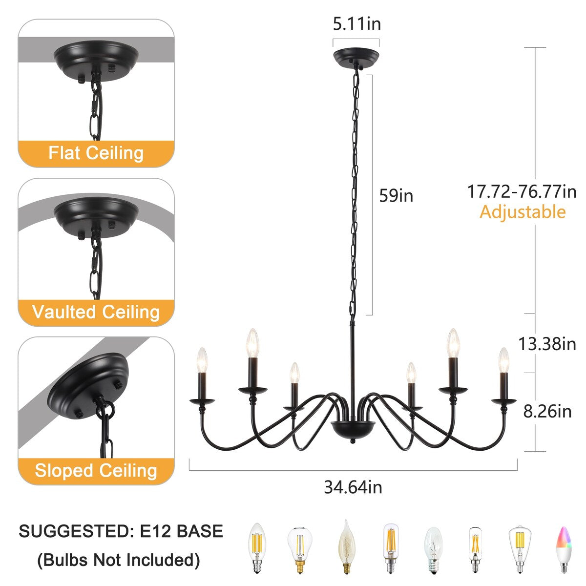 Lustre rustique à 6 bougies, lustre traditionnel, plafonnier en métal pour salle à manger, salon, chambre à coucher, cuisine