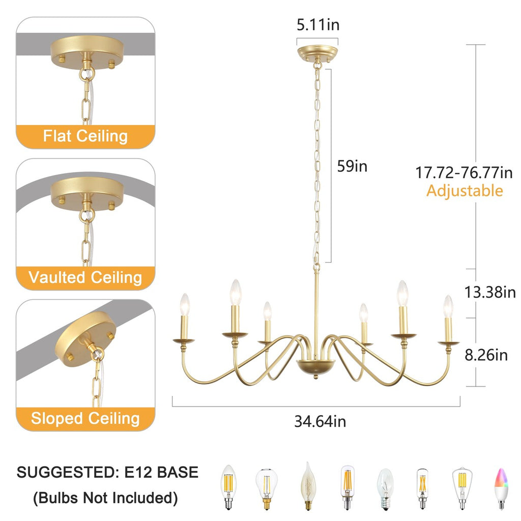 Lustre rustique à 6 bougies, lustre traditionnel, plafonnier en métal pour salle à manger, salon, chambre à coucher, cuisine